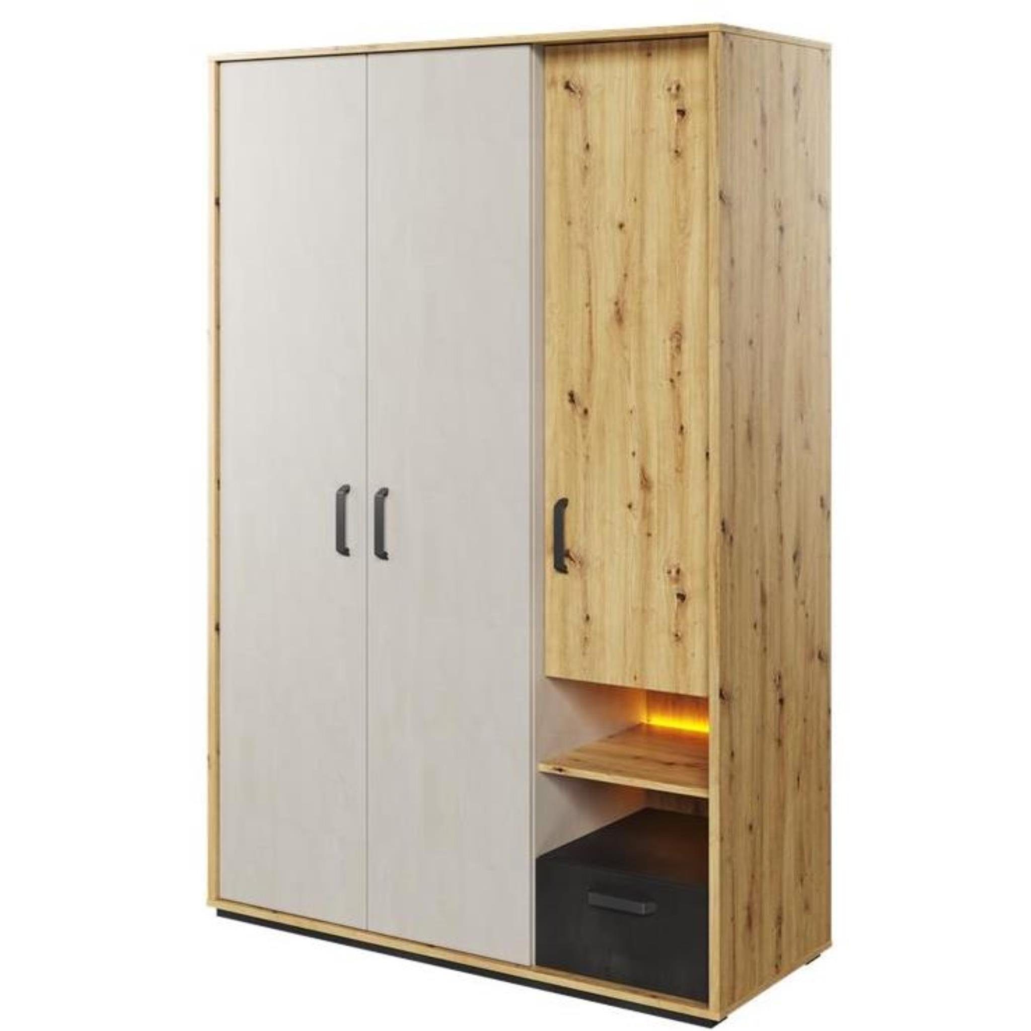 Drehtüren, / modern LED-Beleuchtung) Schublade, Qubic Garderobe, (Schrank, Regale, Kleiderschrank 3 Beautysofa Kleiderstange loft 3 Stil,