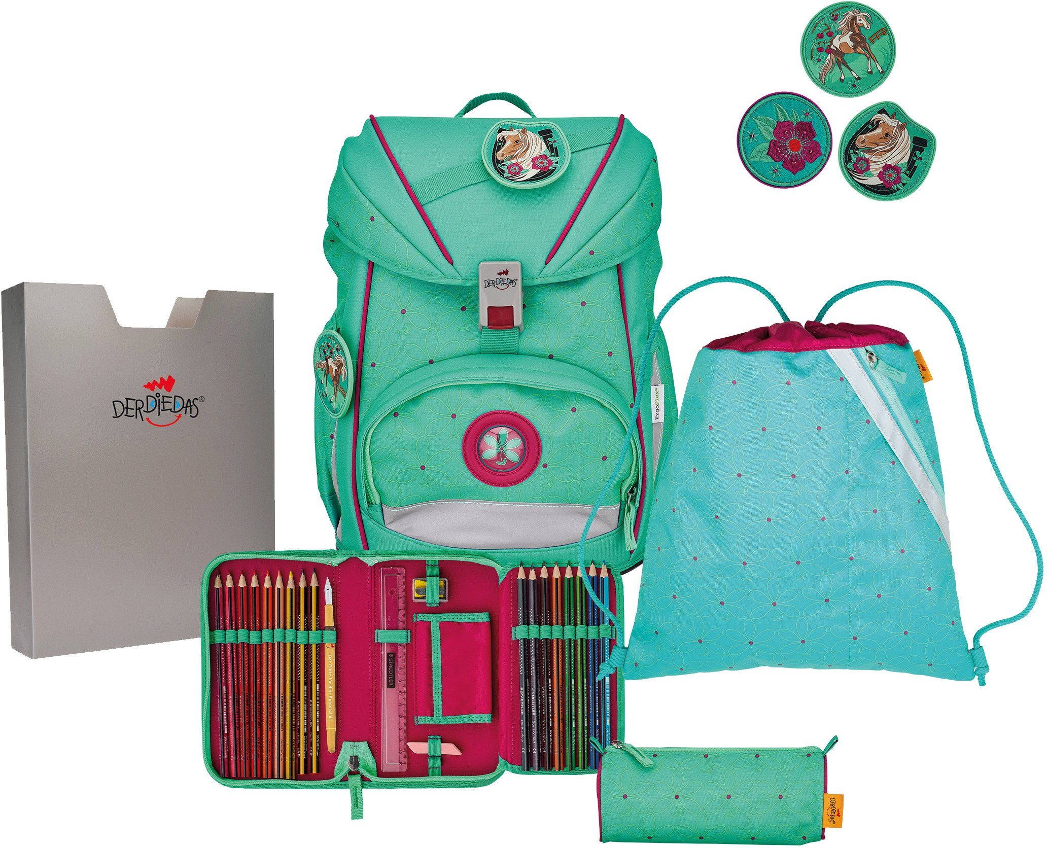DerDieDas® Schulrucksack ErgoFlex, Peppermint Pony (Set, 5-tlg)