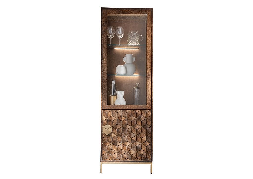 Main Möbel Vitrine "Assuan" 63x198cm Mango & Metall goldfarbig
