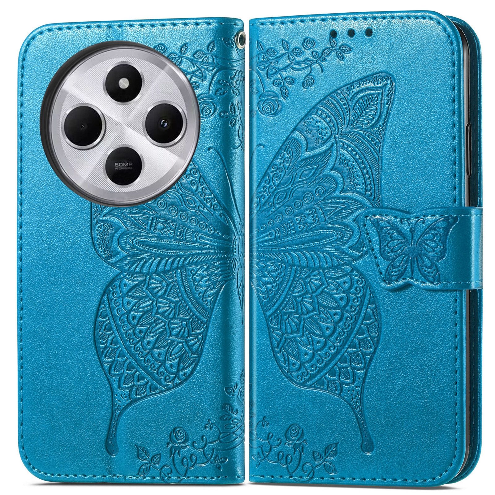 Wigento Smartphone-Hülle Für Xiaomi Redmi 14C Kunstleder Book Wallet Schmetterling Hülle Blau, Kunst-Leder Schutzhülle Smart Case Cover magnetischer Verschluss