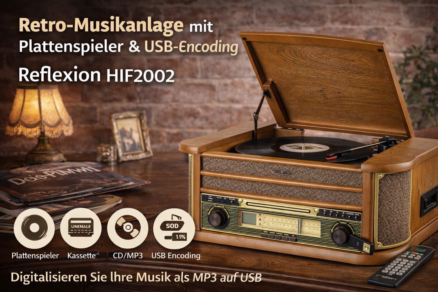 Reflexion HIF2002 Retro HiFi Anlage Bluetooth 5.0 & USB-Encoding Radioplattenspieler (Riemenantrieb, Bluetooth, Kassettenspieler, CD-MP3-Player, Encoding-Funktion)
