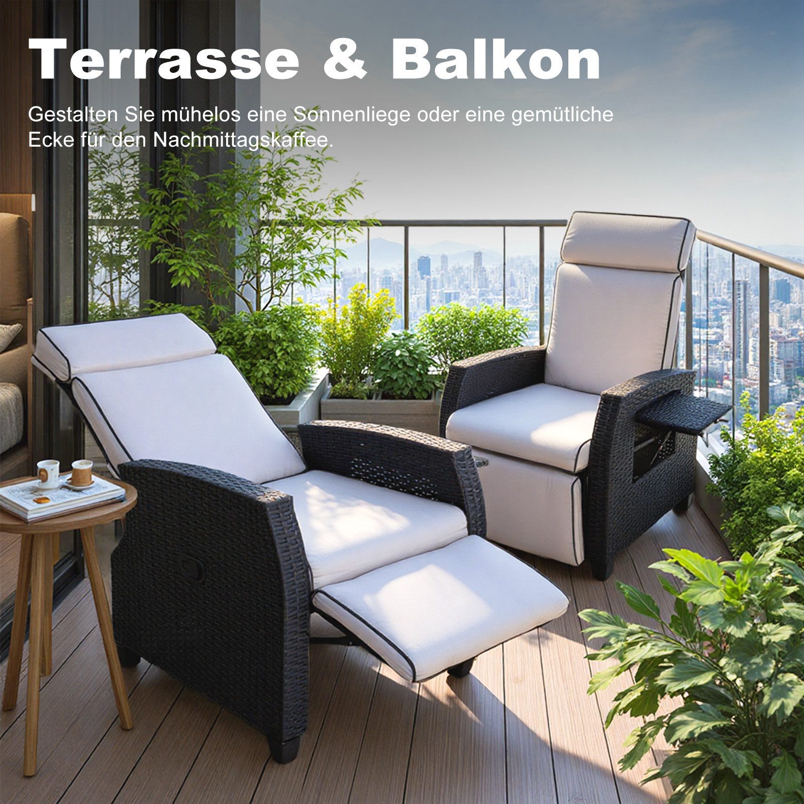 HOMAVO Gartensessel Rattansessel mit verstellbarer Rückenlehne, praktischem Ablagetisch (Maximale Belastung 200 kg, Legierung Stahlrahmen, wetterfest), mit Fußstütze