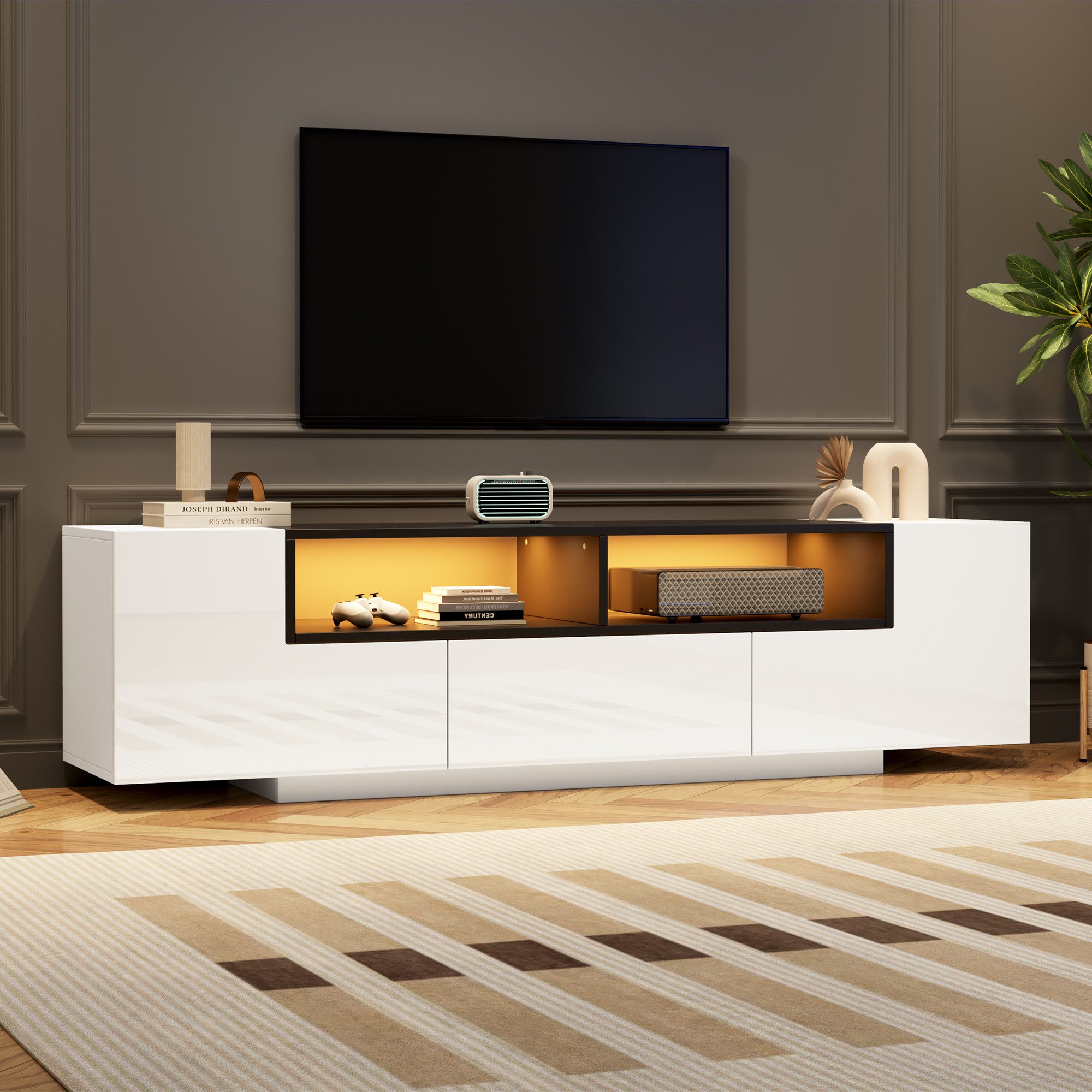 BlingBin TV-Schrank Moderner Hochglanz Lowboard Fernsehschrank TV-Kommode Mit LED-Licht (Fernsehkommode mit 2 L-förmige Türen, 1 Schublade und 2 Offene Fächer, 1-St., Größe: 180 x 40 x 48 cm, Gesamttragfähigkeit: 40kg) Wohnzimmerschrank für 75-Zoll-Fernseher, Spanplatte, Weiß & Schwarz