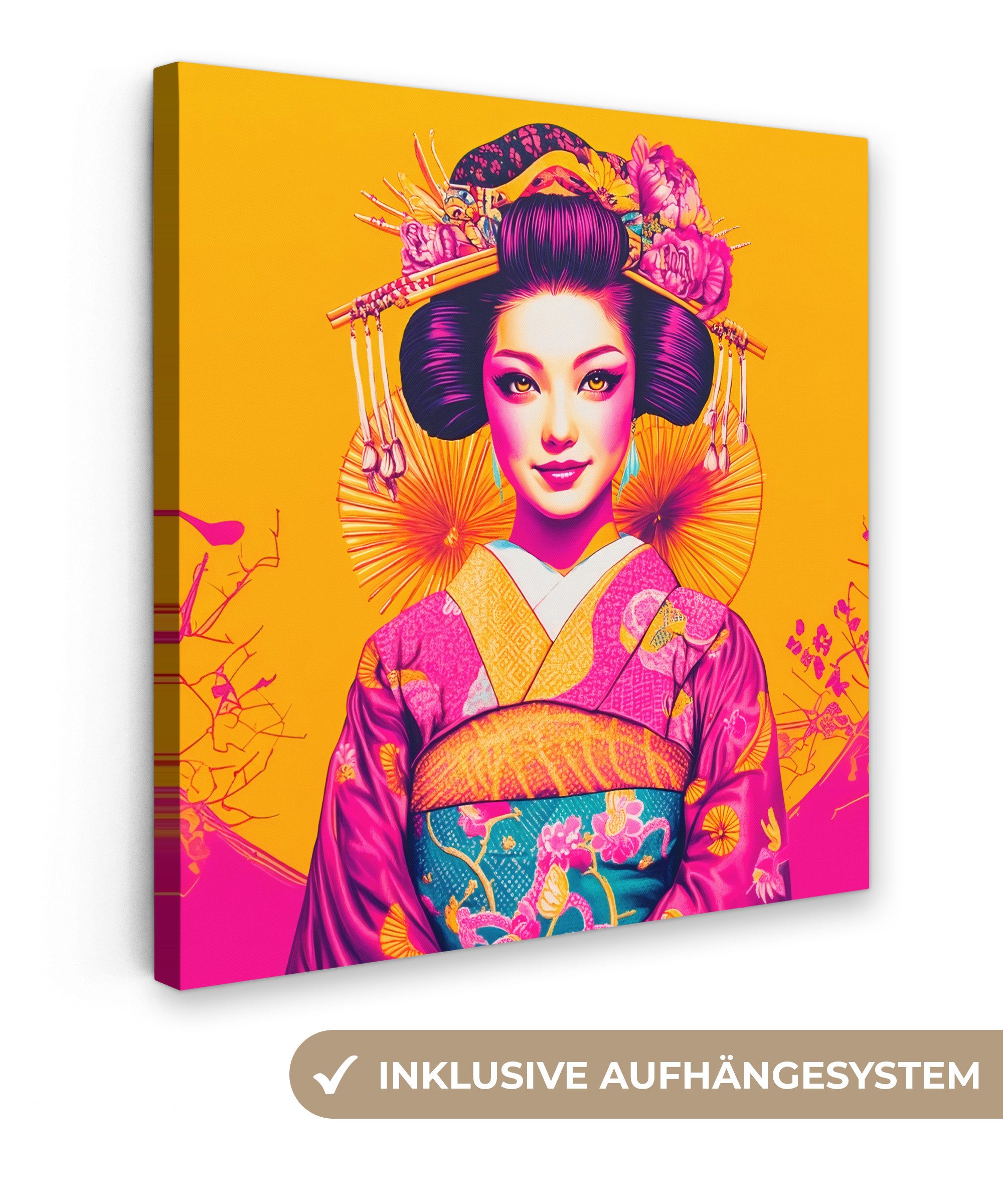 OneMillionCanvasses® Leinwandbild Blumen - Frau - Kimono - Rosa, Fotodruck (1 St), Wandbild, Deko Schlafzimmer Wohnzimmer Flur 20x20 cm