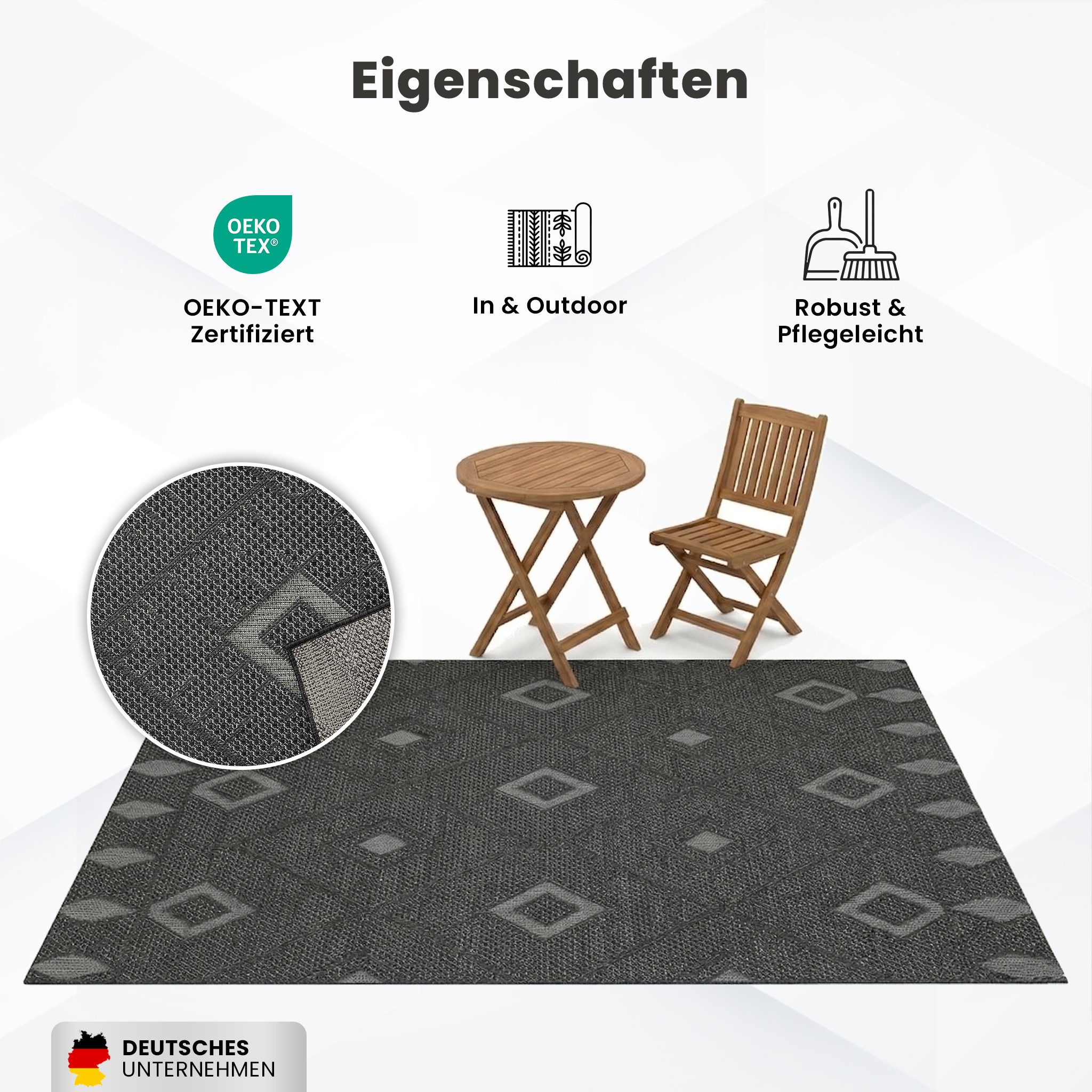 Vimoda Outdoorteppich In- und Outdoor Läufer Terrassen & Balkon Küche, Rund, Läufer Flachgewebe Rauten Boho