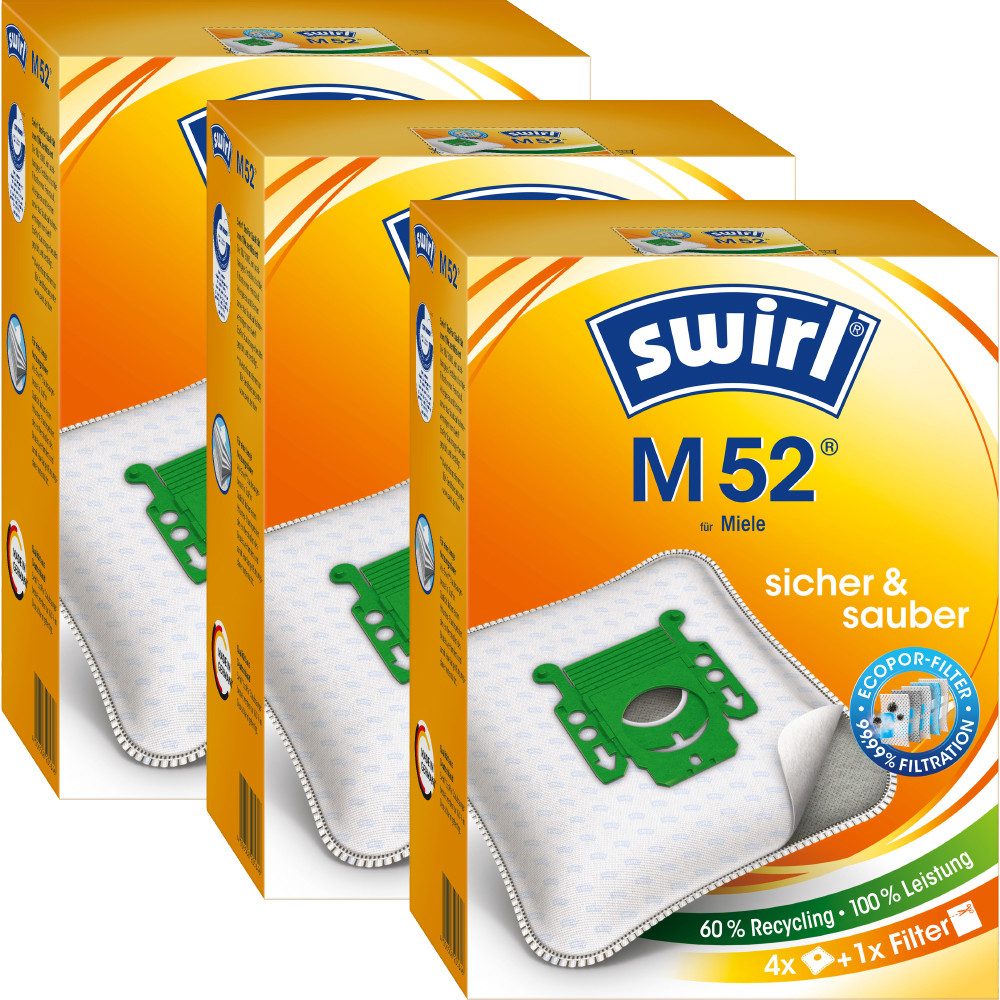 Swirl Staubsaugerbeutel Swirl M52 M 52, passend für Miele Staubsauger, inkl. 3 Filter - zuschneidbar, 12 St., Optimale Passform, MicroPor® Plus-Qualität für lange Nutzungsdauer