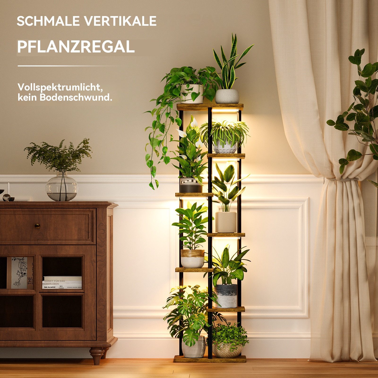 Bamworld Blumenständer Pflanzenständer mit Wachstumslicht, 7-stufig, Metall-Holz, eckig (1 St), Für Zimmerpflanzen, ideal für Wohnzimmer, Terrasse und Balkon