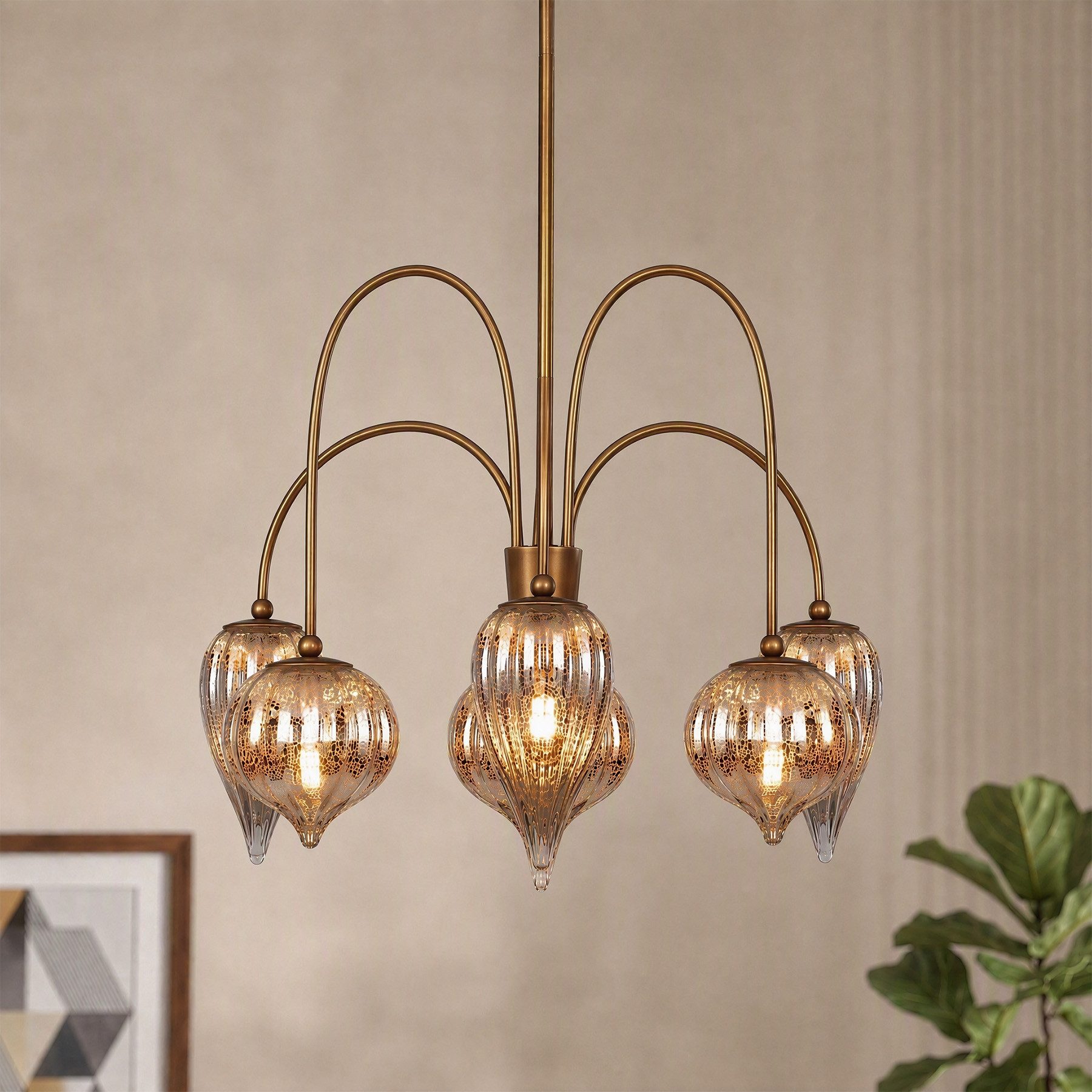 Tribesigns Kronleuchter Messing Mit Schirm, Chandeliers Ceiling Light 6 Flammig,Energy Class E, Deckenleuchte, Pendelleuchte, Hängelampe Wohnzimmer Höhenverstellbar
