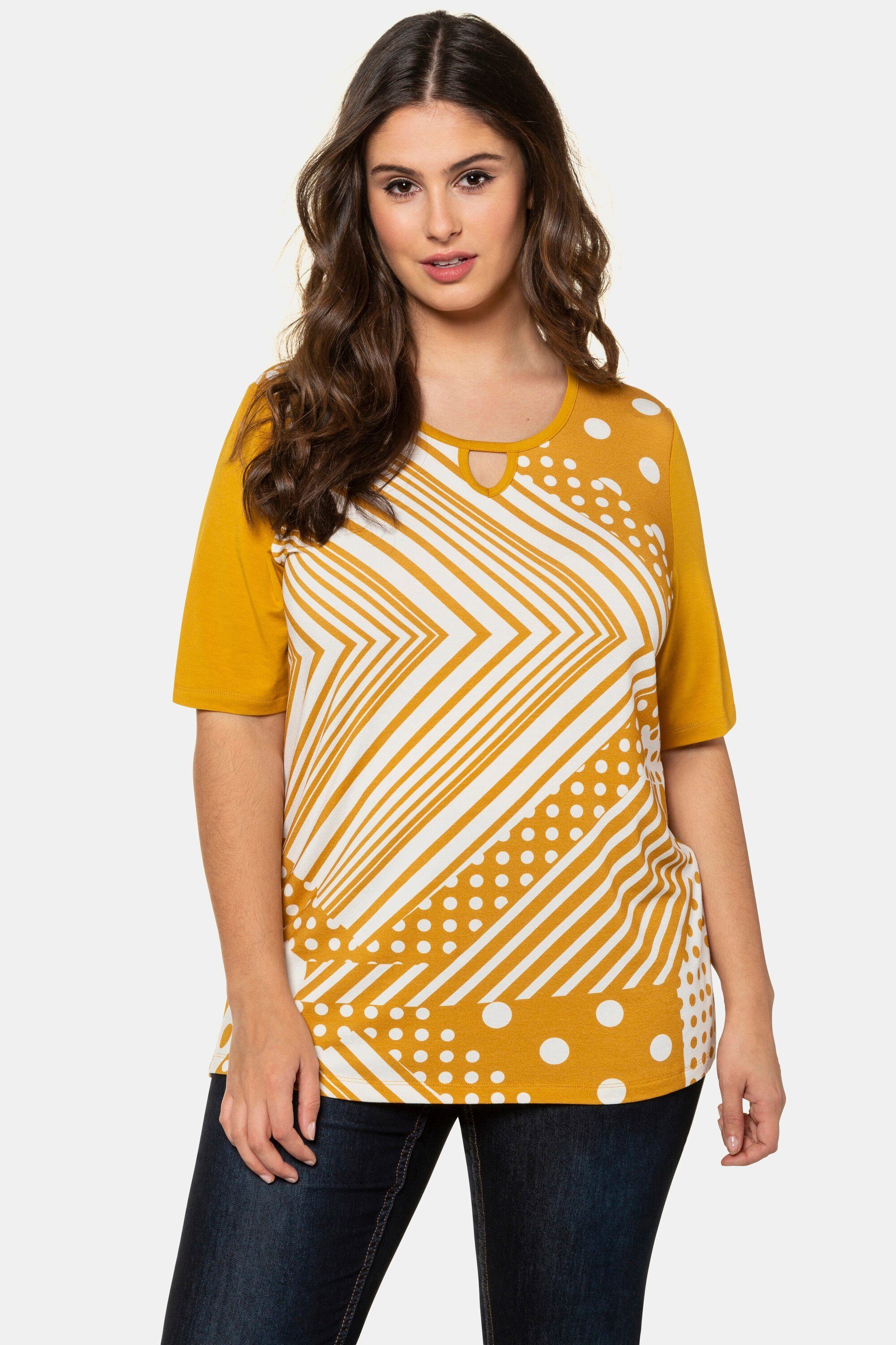 Ulla Popken Rundhalsshirt T-Shirt Mustermix Oversized Ausschnitt-Aussparung