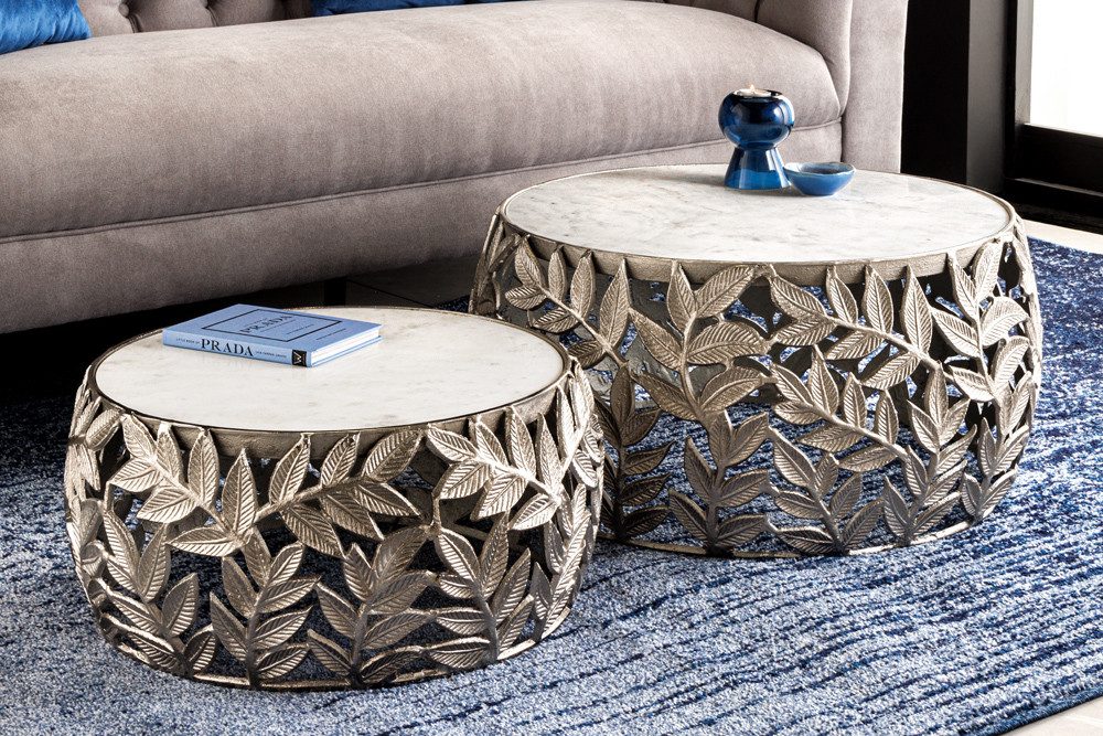 riess-ambiente Couchtisch ABSTRACT LEAF Ø70cm weiß / silber (Set, 2-St), Wohnzimmer · Marmor · Metall · rund · Blatt-Design · handmade · modern