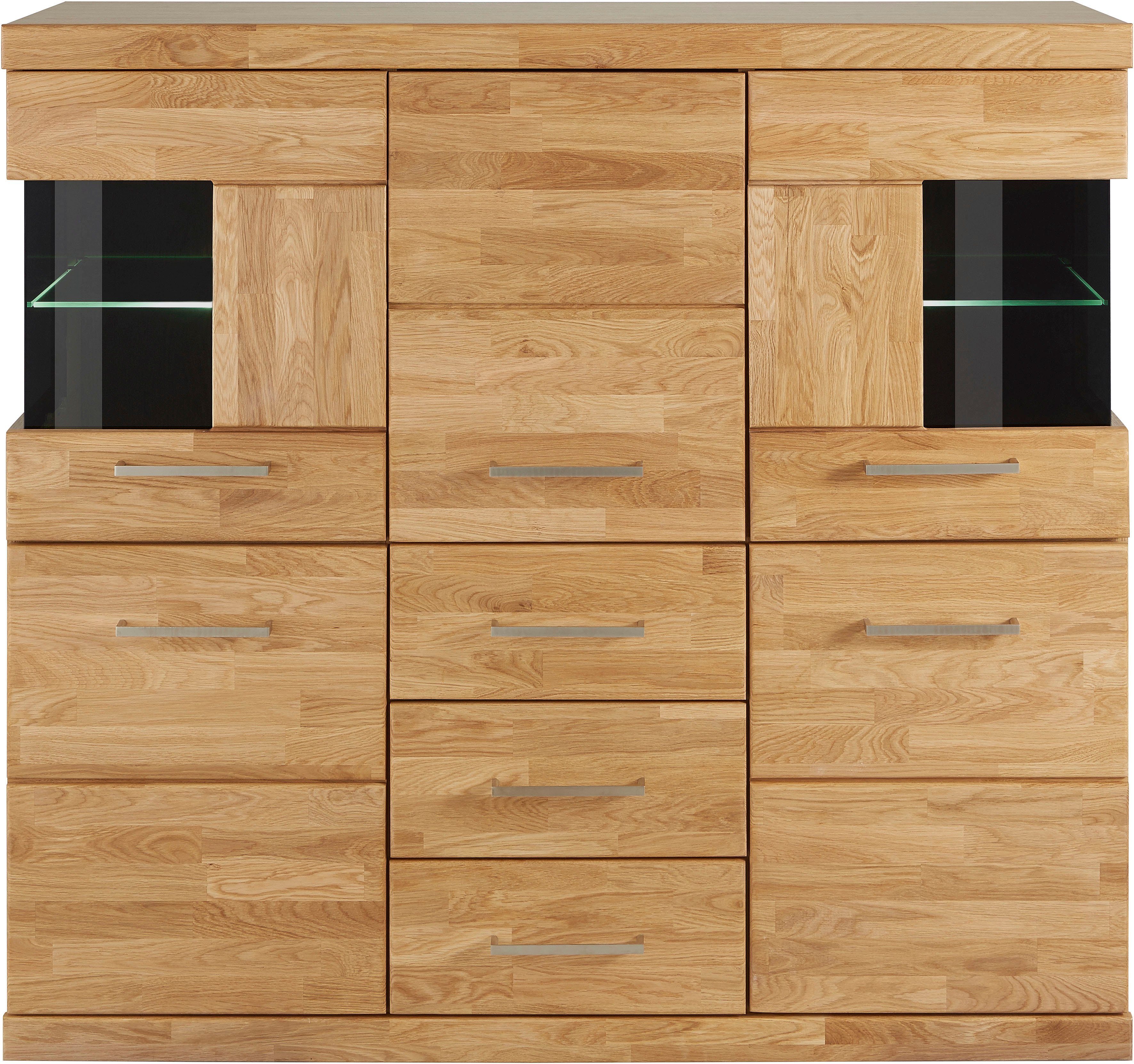 OTTO home Highboard Ribe,125cm breit,115cm hoch, Fronten Massivholz,5Türen,3 Schubladen, Holz massiv, Holzwerkstoff, Metall Griffe,10Fächer, Böden versetzbar