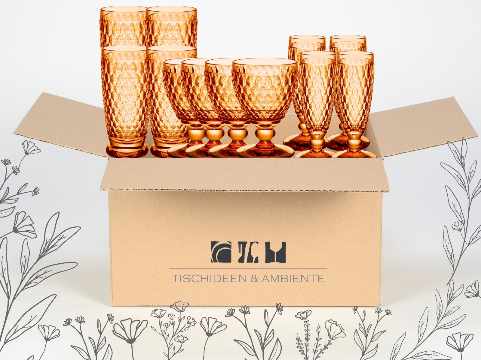 Villeroy & Boch Geschirr-Set Boston coloured apricot Geschenkbox Summerparty 12tlg, Kristallglas