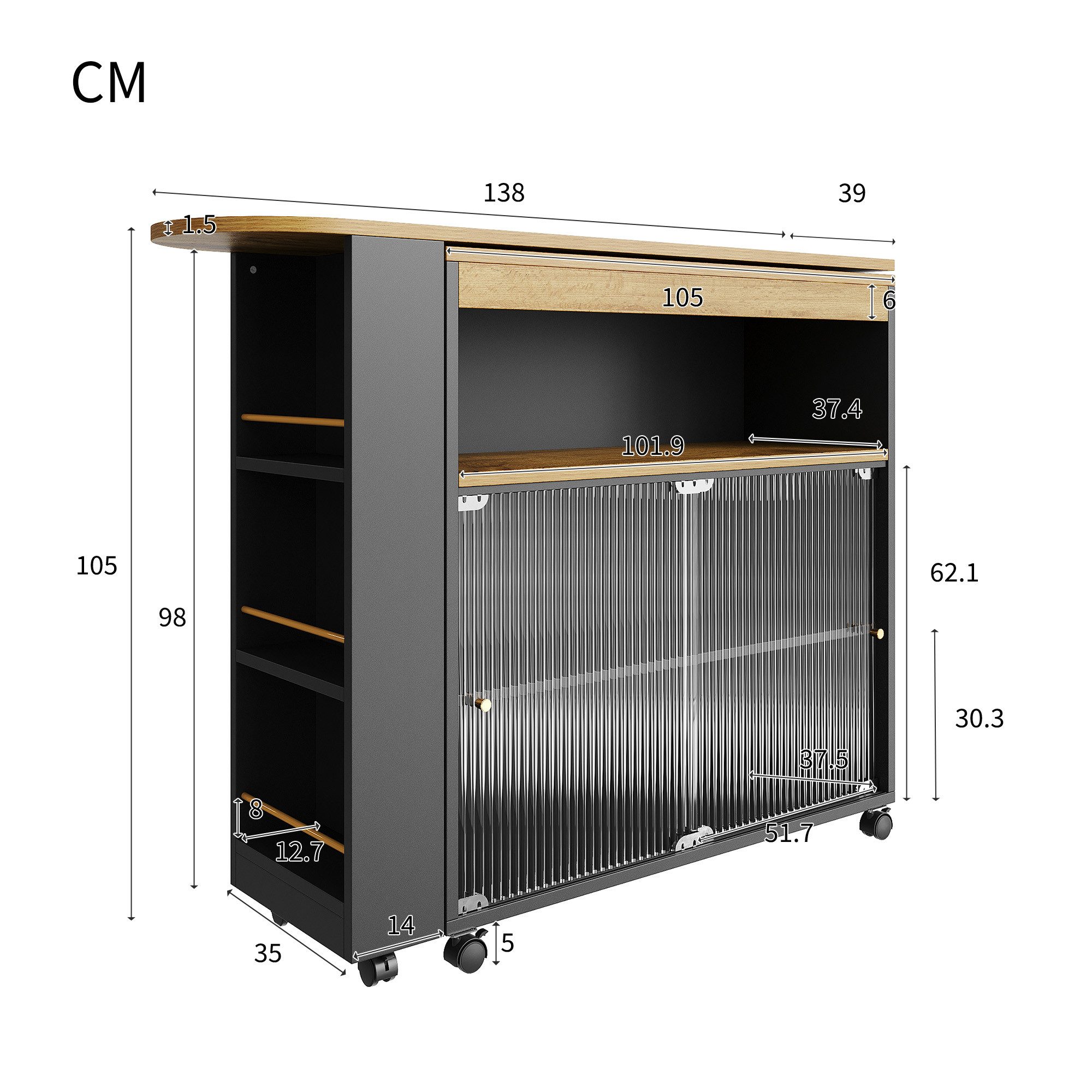 Flieks Bartisch (360° Drehung, 1-St., mit LED-Beleuchtung), ausziehbar Stehtisch drehbar Sideboard Esstisch Küchenwagen Anricht