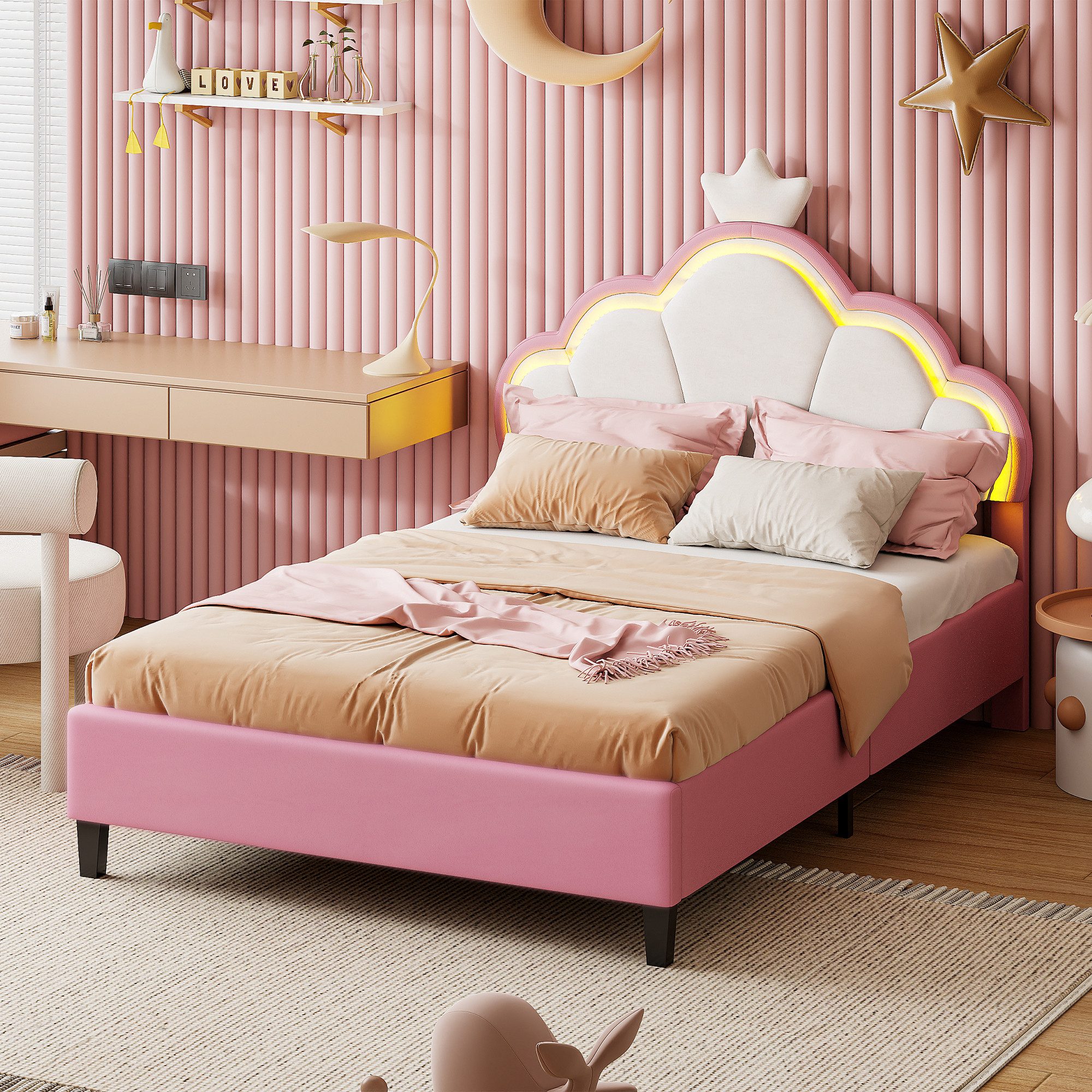 FUROKOY Polsterbett Kinderbett mit LED Kronenbett günstig online kaufen