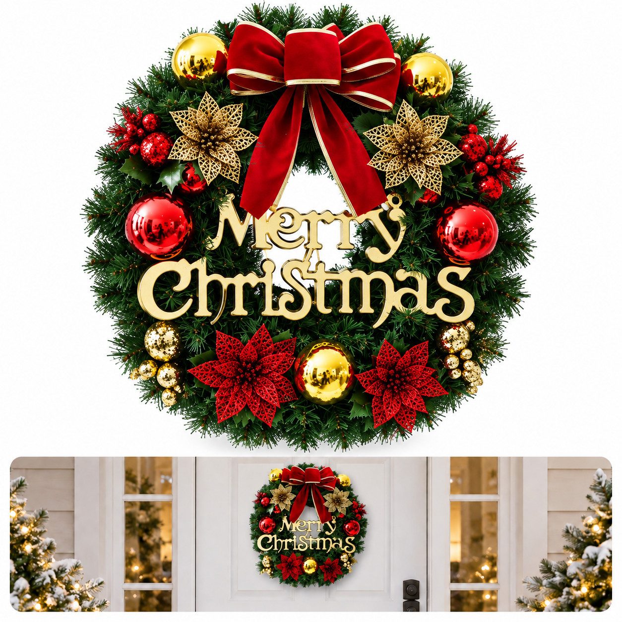 Kunstkranz Weihnachtskranz 30cm Türkranz Weihnachtsdekoration, Fyrove, Höhe 30 cm, Langfristig wiederverwendbar, farbecht und formstabil, platzsparend