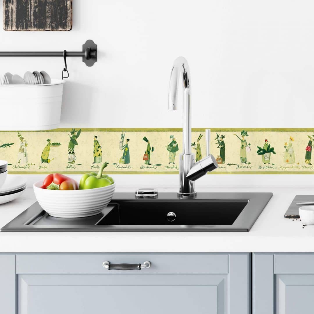 K&L Wall Art Wandtattoo Bordüre Kunstdruck Leffler Küche Kräuter Rosmarin Lavendel Koriander, Wandbild selbstklebend, entfernbar