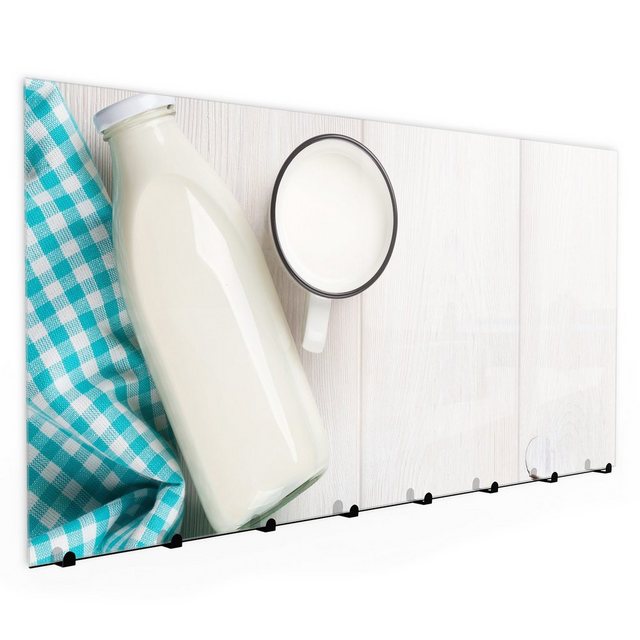 Primedeco Garderobenpaneel „Garderobe, Schlüsselbrett mit Magnetwand und Memoboard aus Glas mit Motiv Milchtasse und Milchflasche“
