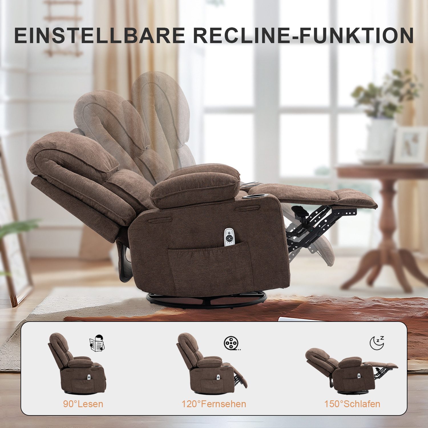 BRTHORY Massagesessel Relaxsessel mit Massagefunktion, Fernsehsessel, 360°drehbar (1-St), Massagesessel mit Liege- und Schaukel-Funktion