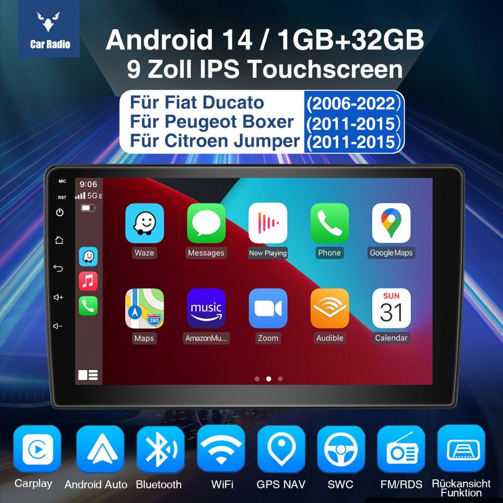 ESSGOO 9'' Android 15 Für Fiat Ducato 2006-2023 DAB+ 4+64G Carplay GPS Navi Autoradio (RDS, FM, AM, DAB+ (optional), Wireless Apple Carplay & Android Auto,2 DIN,WiFi)