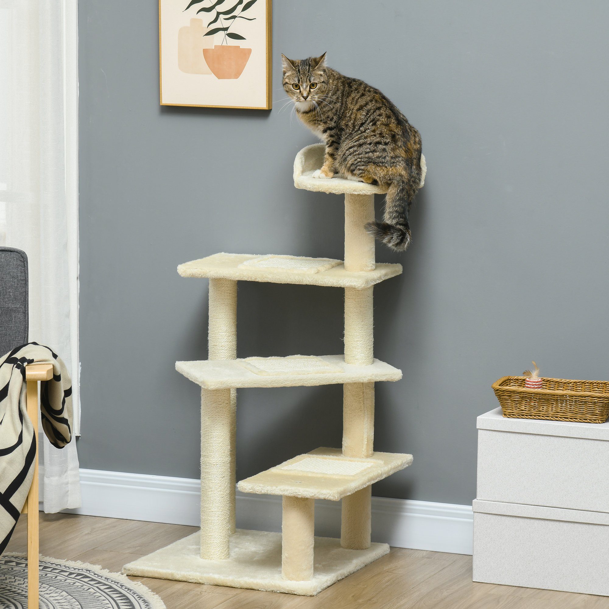 PawHut Kratzbaum mit Sisalsäulen, Katzenkratzbaum, Katzen Kletterbaum, Katzenbaum, Beige, 50 x 50 x 100 cm von PawHut