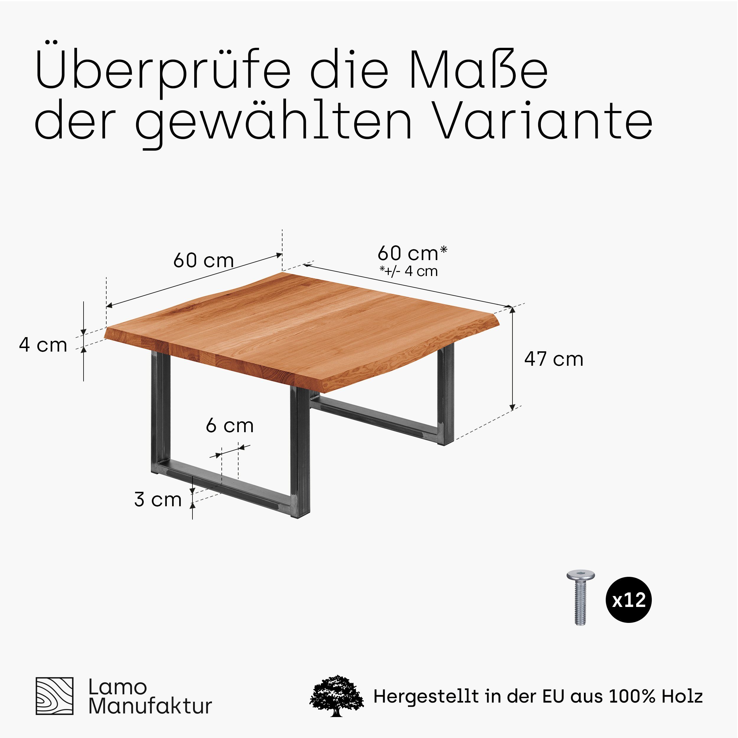 massiv (1 Metallgestell Baumkantentisch Tisch), Rohstahl Klarlack inkl. Dunkel Loft LAMO Manufaktur | Esstisch mit Massivholz Baumkante