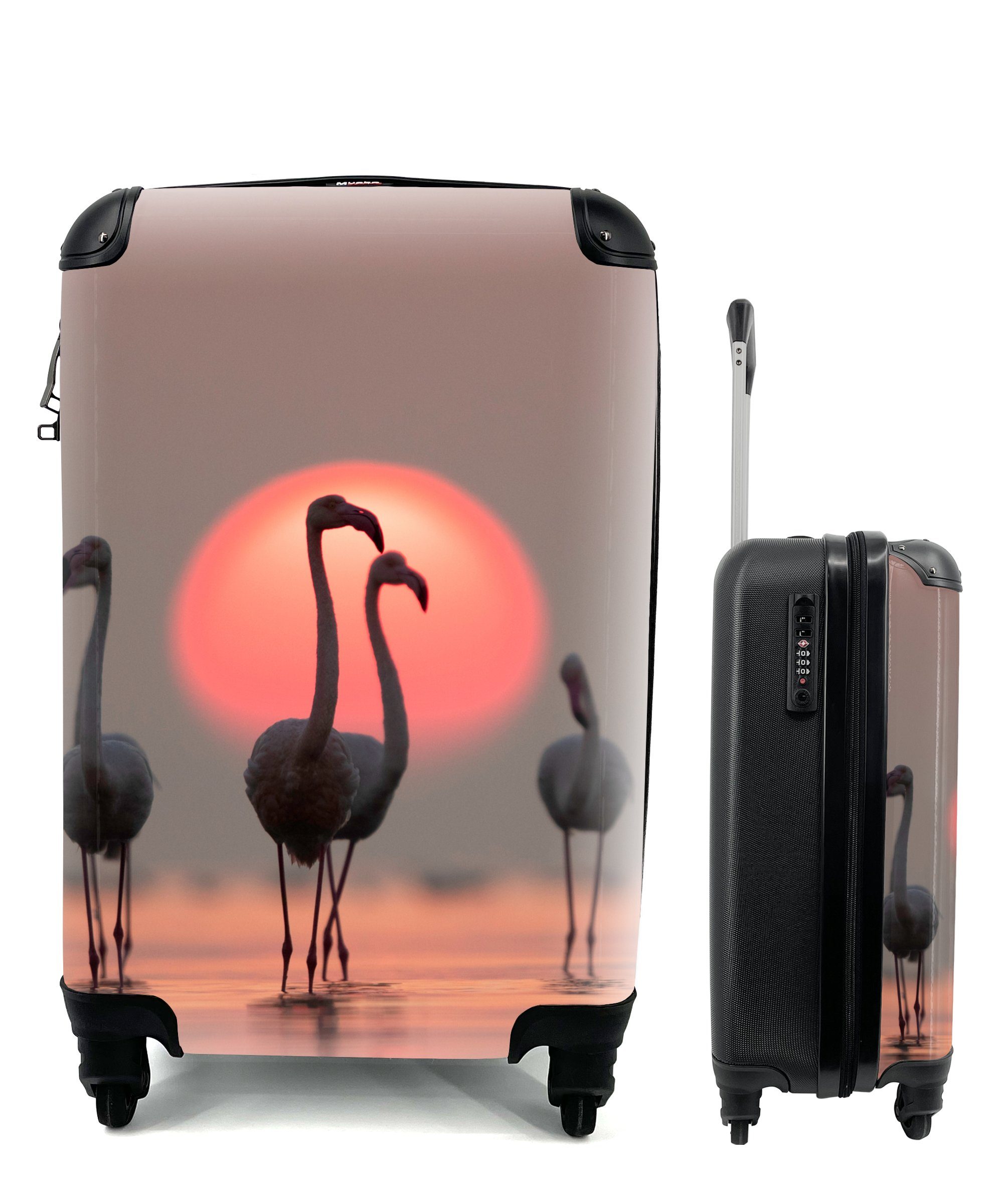 Flamingo Sonnenuntergang für Handgepäckkoffer MuchoWow - Trolley, Vogel Reisekoffer 4 Ferien, Rosa, - - Rollen, rollen, Handgepäck Reisetasche mit