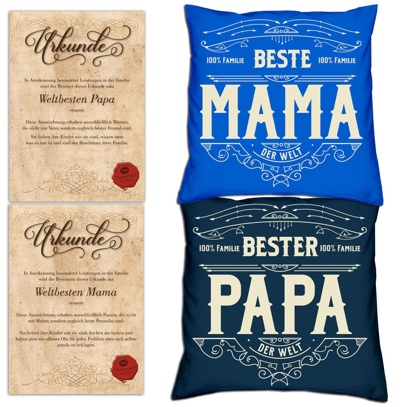 Soreso® Eltern Weihnachtsgeschenk Bester mit Papa für Mama Beste Kissen-Set royal-blau Dekokissen Urkunden,