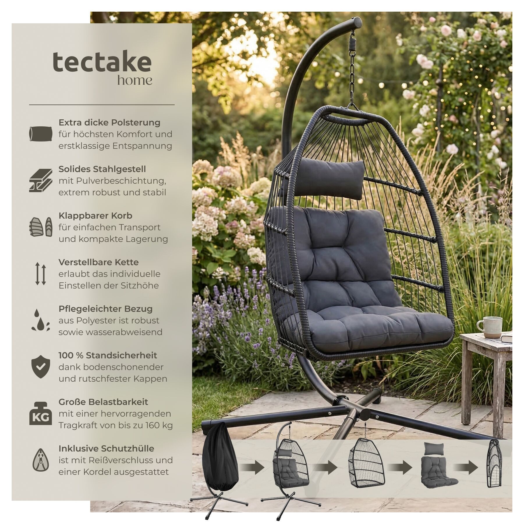 tectake Hängesessel Hängeschaukel mit extra dickem Sitz- und Kopfkissen, 98 x 107 x 202 (Hängestuhl Ariane, bodenschonend und faltbar, Belastbarkeit 160 kg, inklusive Schutzhülle), 360° drehbar mit Federaufhängung