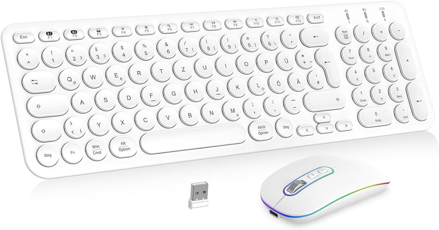 PINKCAT kabellos, Wiederaufladbare Dualmodus (Bluetooth 5.1+2.4G) Tastatur- und Maus-Set, mit Maus, Extrem-Dünne Multi-Funktionale Tastatur
