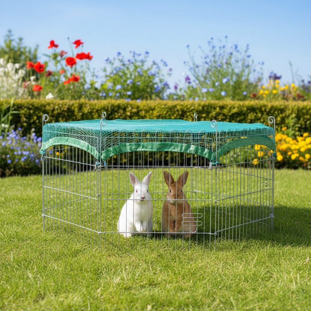 Zooprinz Freigehege Gittergehege mit Sonnenschutz für Hasen, Kaninchen, Welpen & co., Faltbares Freilauf Auslauf Gehege, einfacher Aufbau durch Steckysstem