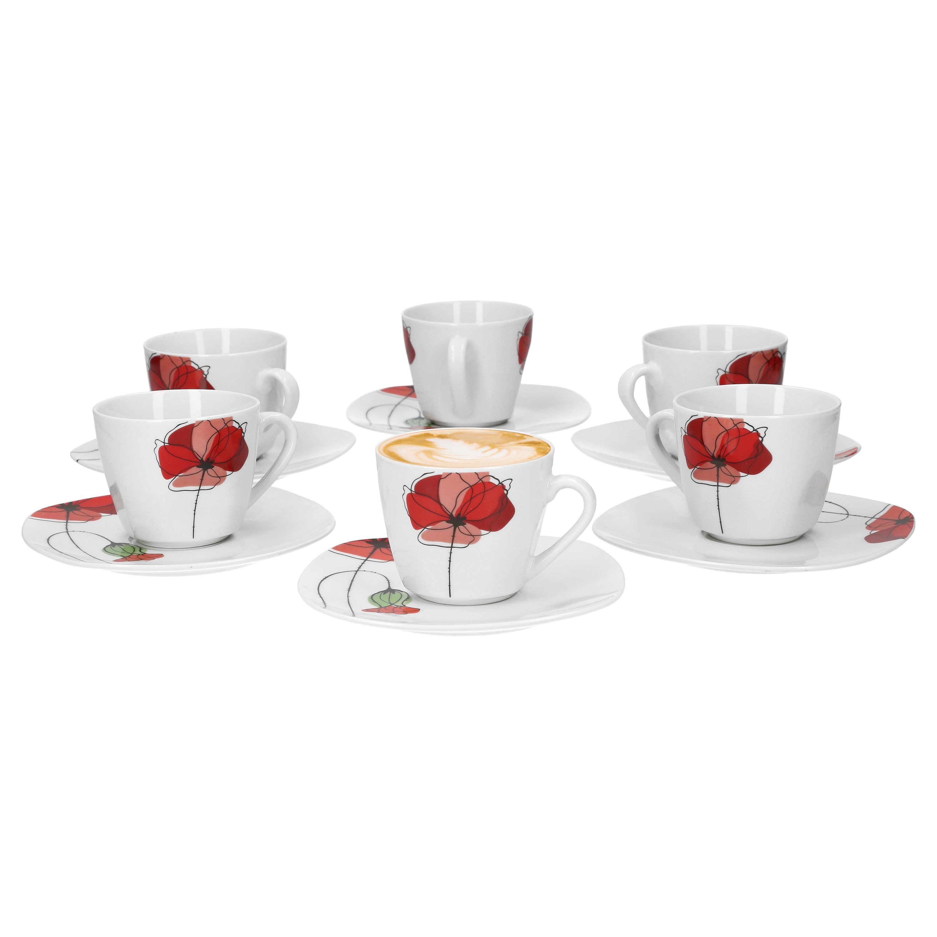 van Well Tasse 6er Kaffeetasse mit Kaffeeuntertasse Monika Porzellan Geschirr Mohn, Porzellan