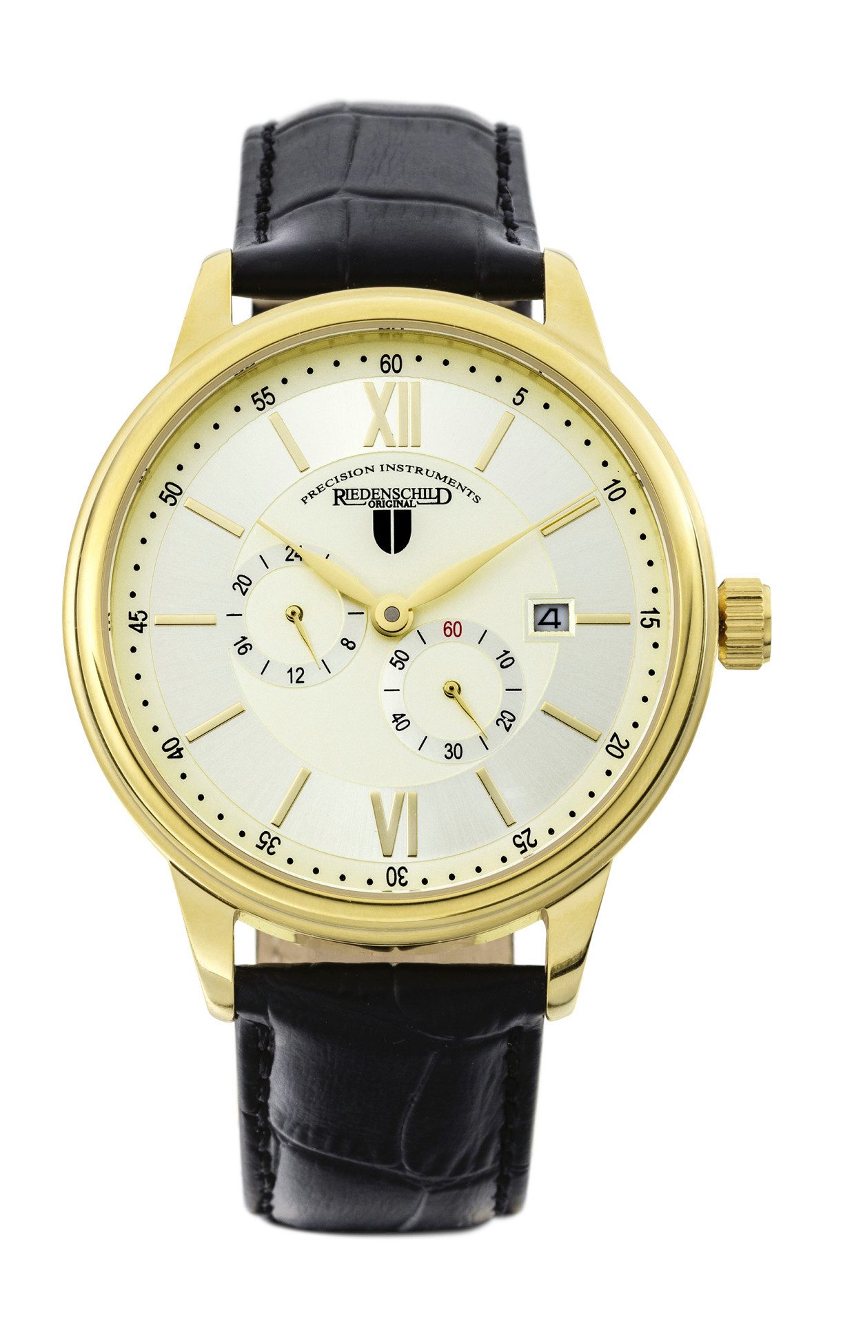 Riedenschild Automatikuhr RS7606-03, 42 mm – Vergoldete Herrenuhr mit braunem Lederband, Klassisch-elegante Automatikuhr mit Sichtboden