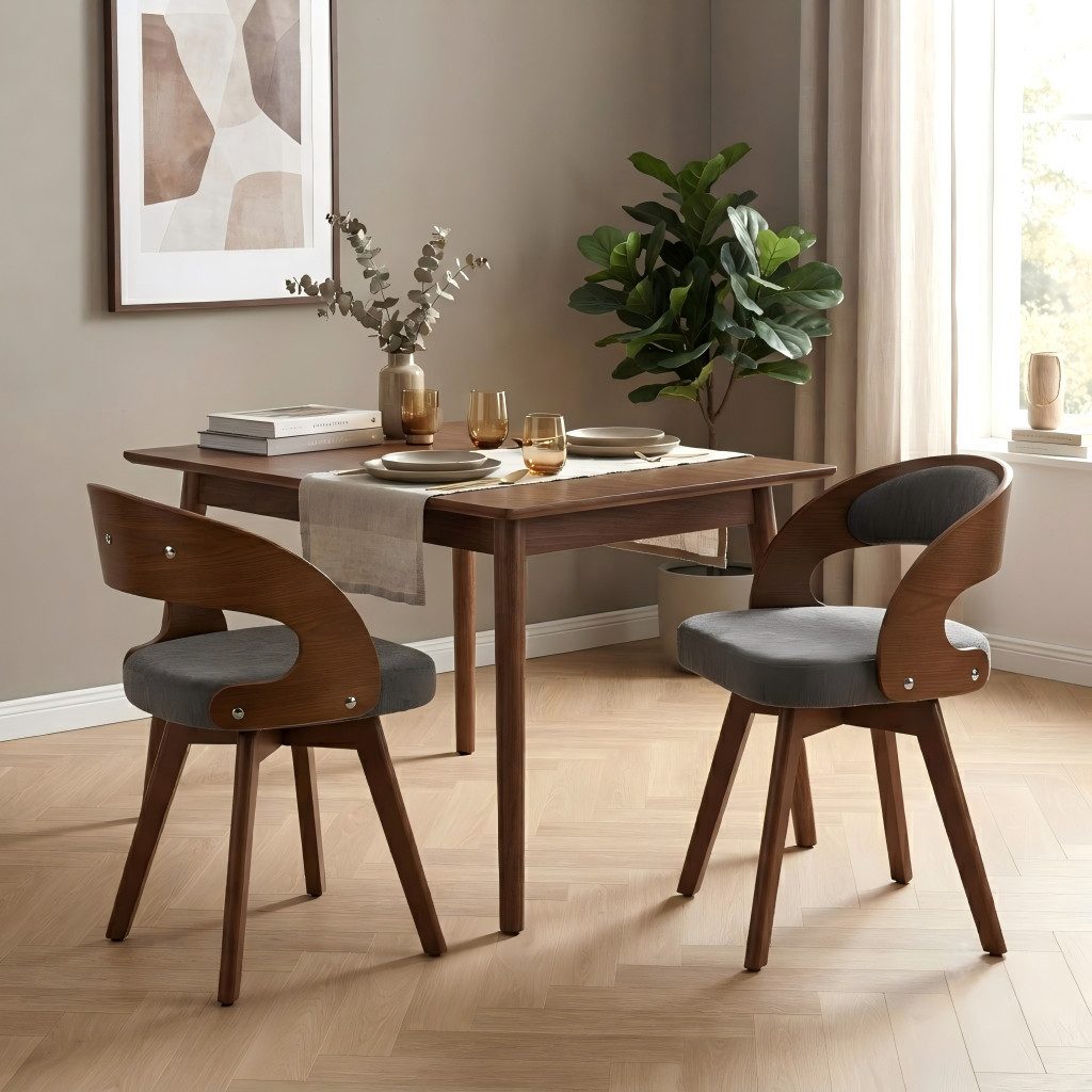 LVHOM Esszimmerstuhl 360° drehbar, geschwungene Rückenlehne, Massivholzrahmen, 2er-Set (Leinenstoff, ergonomisches Design,verstellbare, rutschfeste Füße, nach außen gerichtete Beine, Tragkraft 150 kg), ideal für Wohn-/Ess-/Schlaf-/Arbeitszimmer, Cafés,Gärten und Terrassen