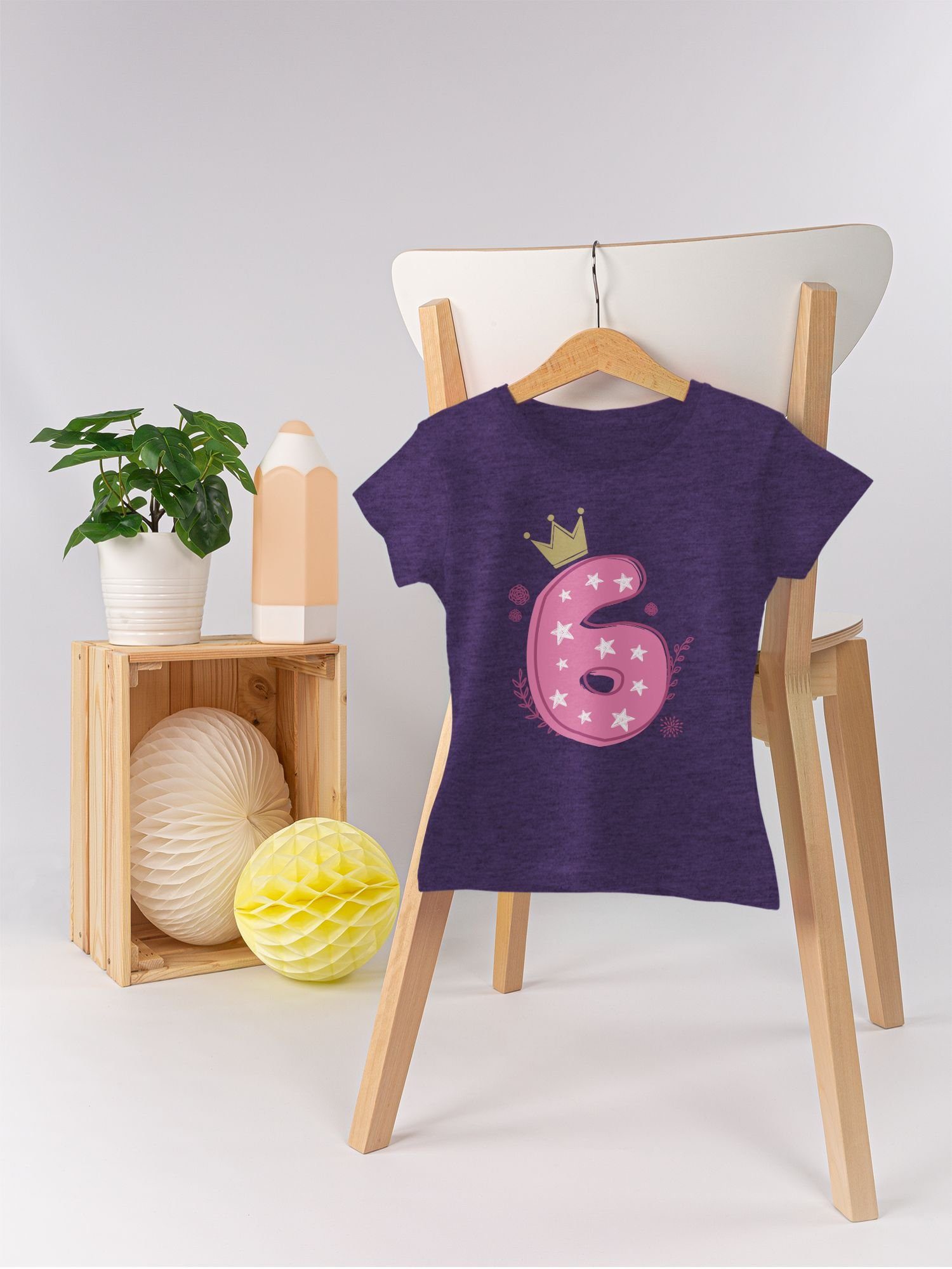 Mädchen Meliert Sechster 6. Krone Sterne 2 Lila Shirtracer Geburtstag T-Shirt
