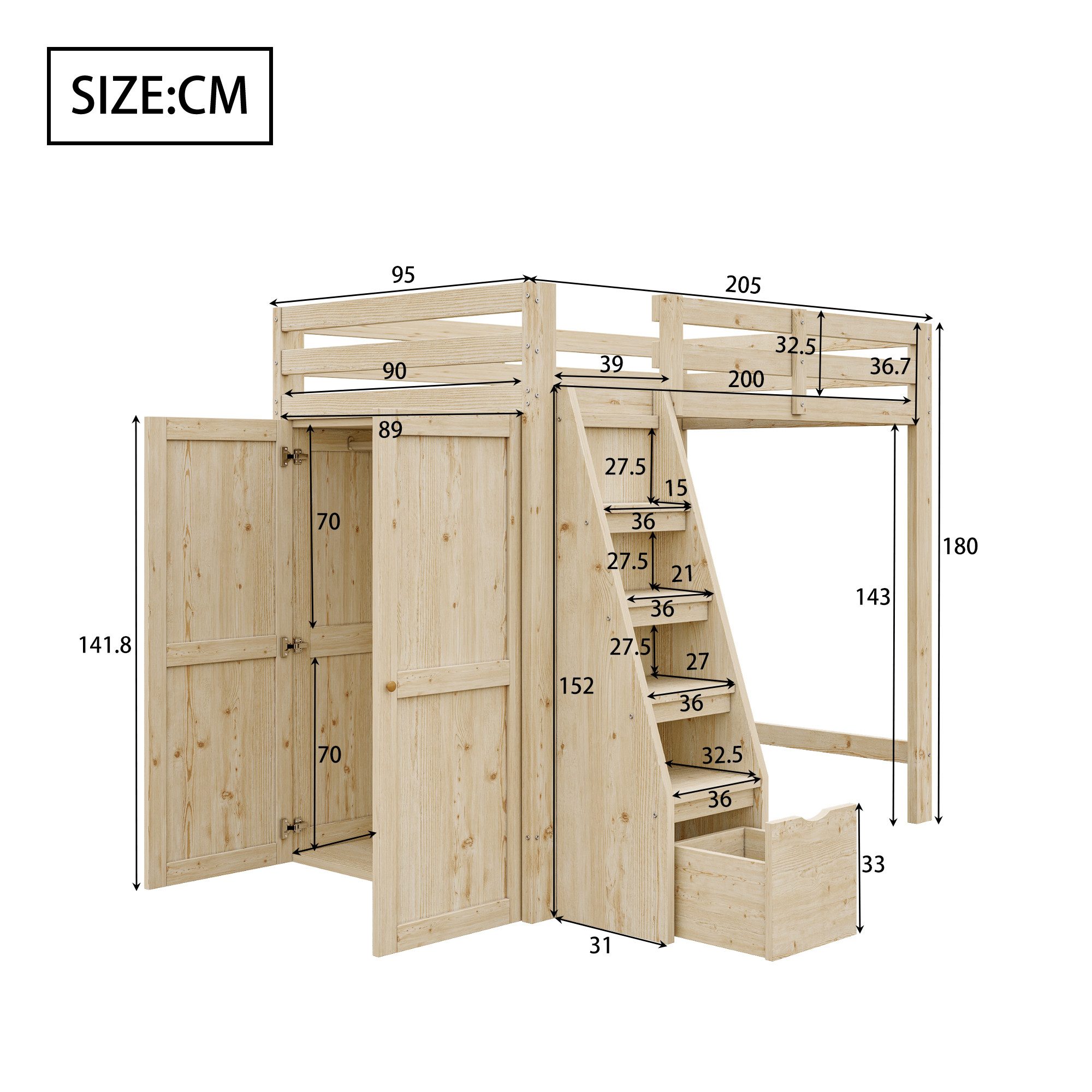 Celya Hochbett 90*200cm, Mit Stauraum-Sicherheits-Kletterleiter (Massivholz günstig online kaufen