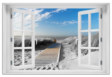 Wallario Wandfolie, Auf dem Holzweg zum Strand in schwarz-weiß Optik, mit Fenster-Illusion, wasserresistent, geeignet für Bad und Dusche