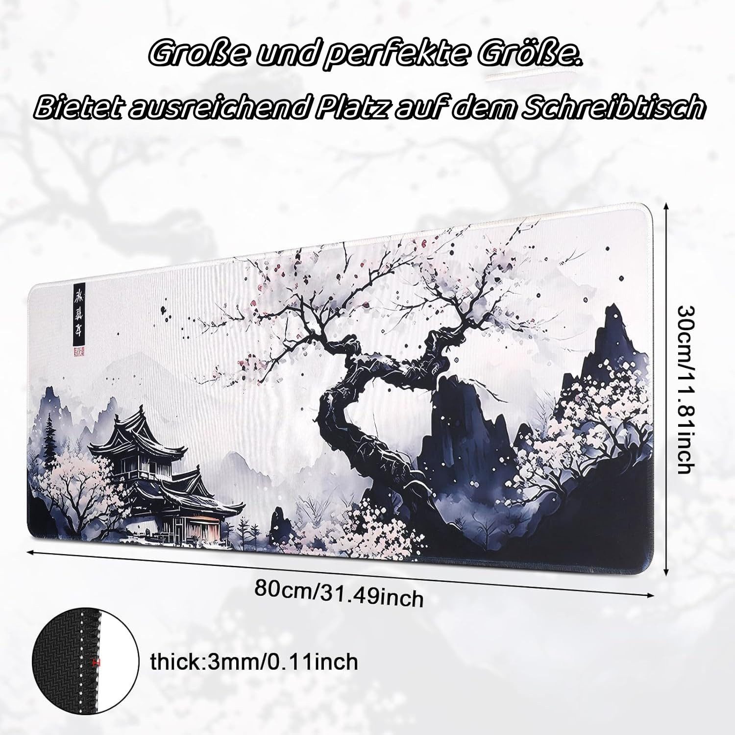 FOUORTUNATE-BEE Mauspad Große Mauspad Sakura Design Schreibtischunterlage rutschfest, 80*30cm Gaming Mauspad mit Kirschblüten Motiv für Büro & Zuhause