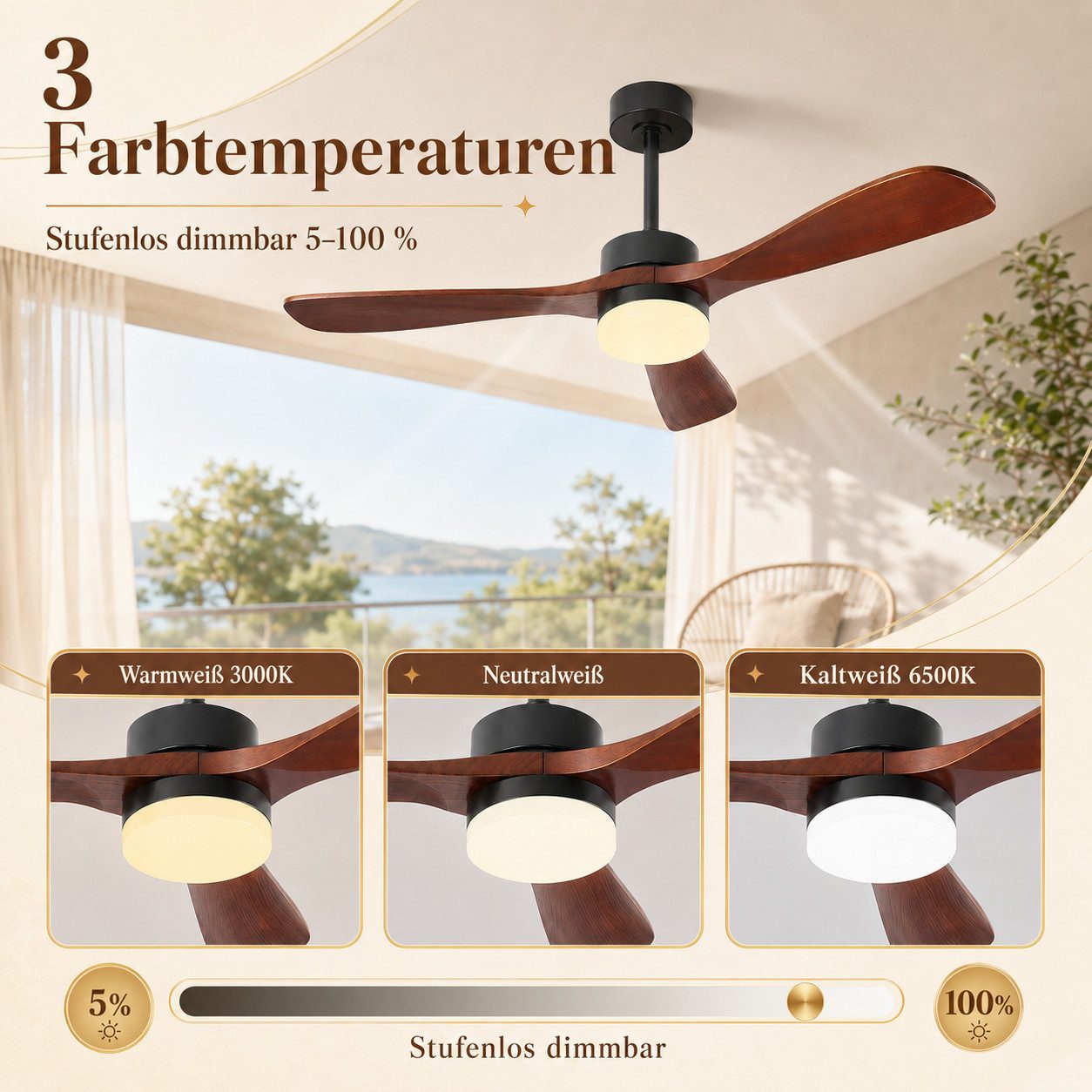 Sunicol Deckenventilator mit Beleuchtung, Dimmbar, Deckenlampe Ventilator 6 Windgeschwindigkeit, Flügel aus Massivholz, Leise, mit Fernbedienung&App, Timer