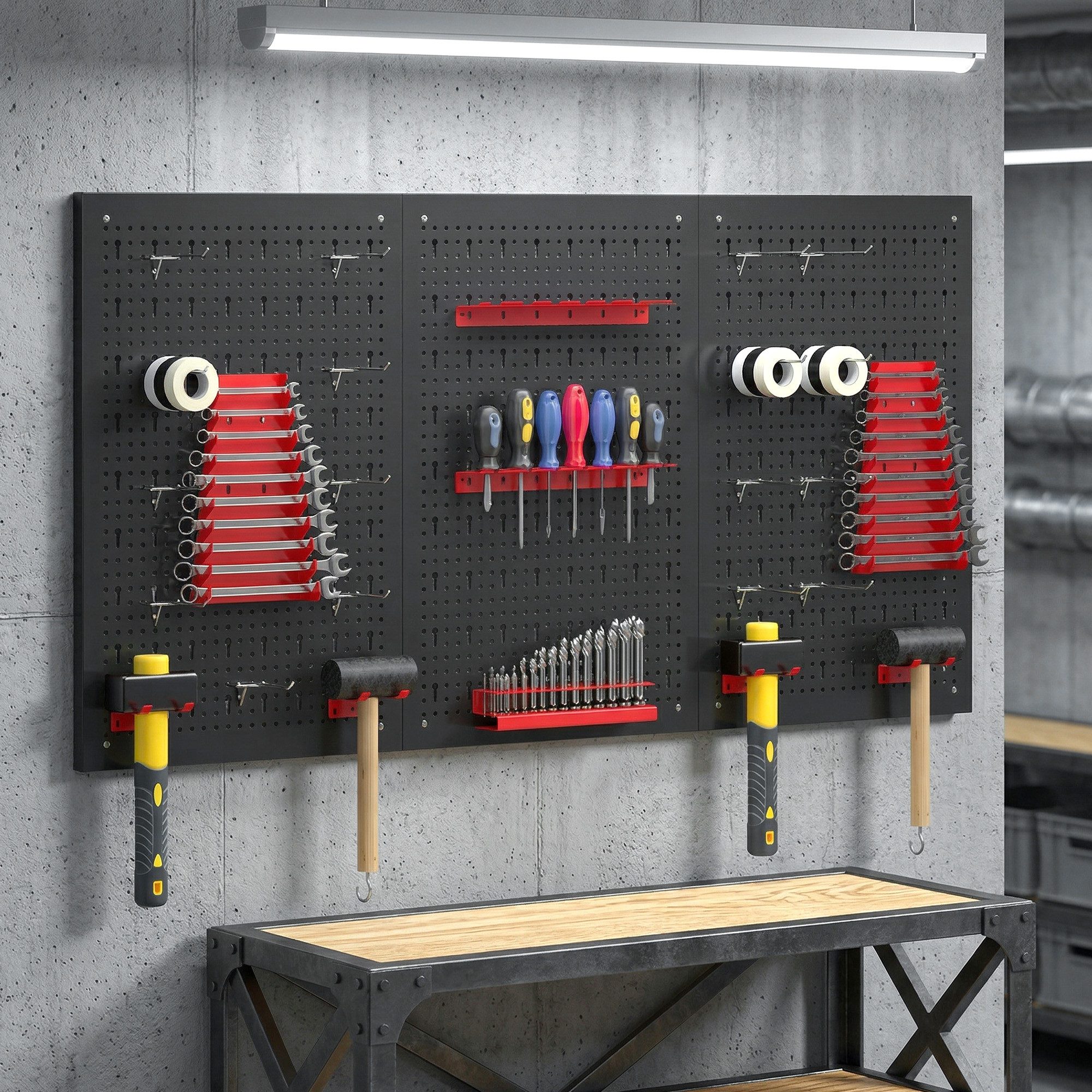 HOMCOM Lochwand Schüttenregal, Ablageböden, Sichtlagerkästen, Werkstattregal, 3 Stk., mit 16 Haken, (Lagersystem, 28-tlg., Wandregal), 60 x 40 x 2 cm Schwarz+Rot