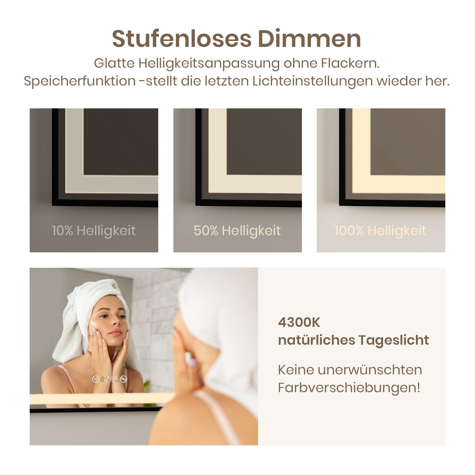 EMKE Badspiegel LED Badezimmerspiegel mit Anti-Beschlag, Uhr, Temperatur & dimmbar, mit Aluminiumrahmen, 100X70cm