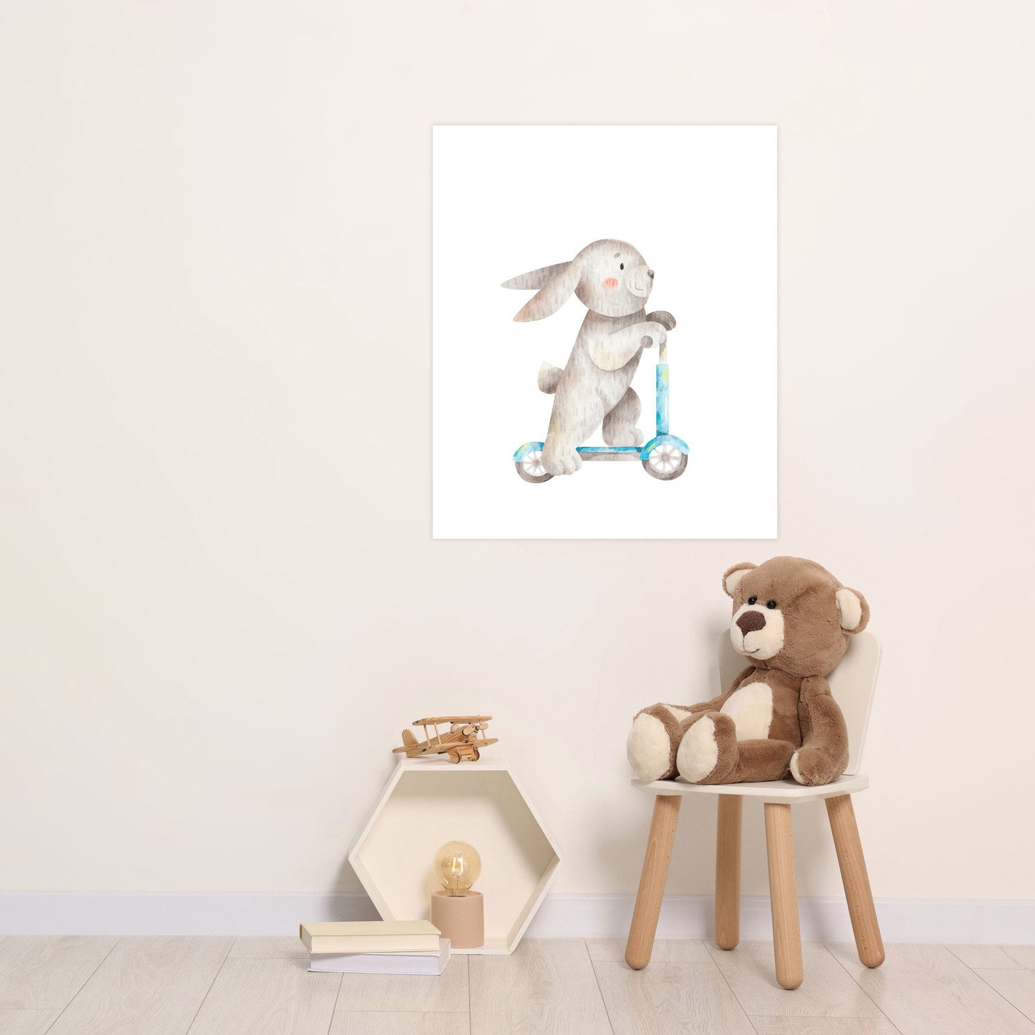 Bild mit Rahmen oder Poster, Hase auf Roller