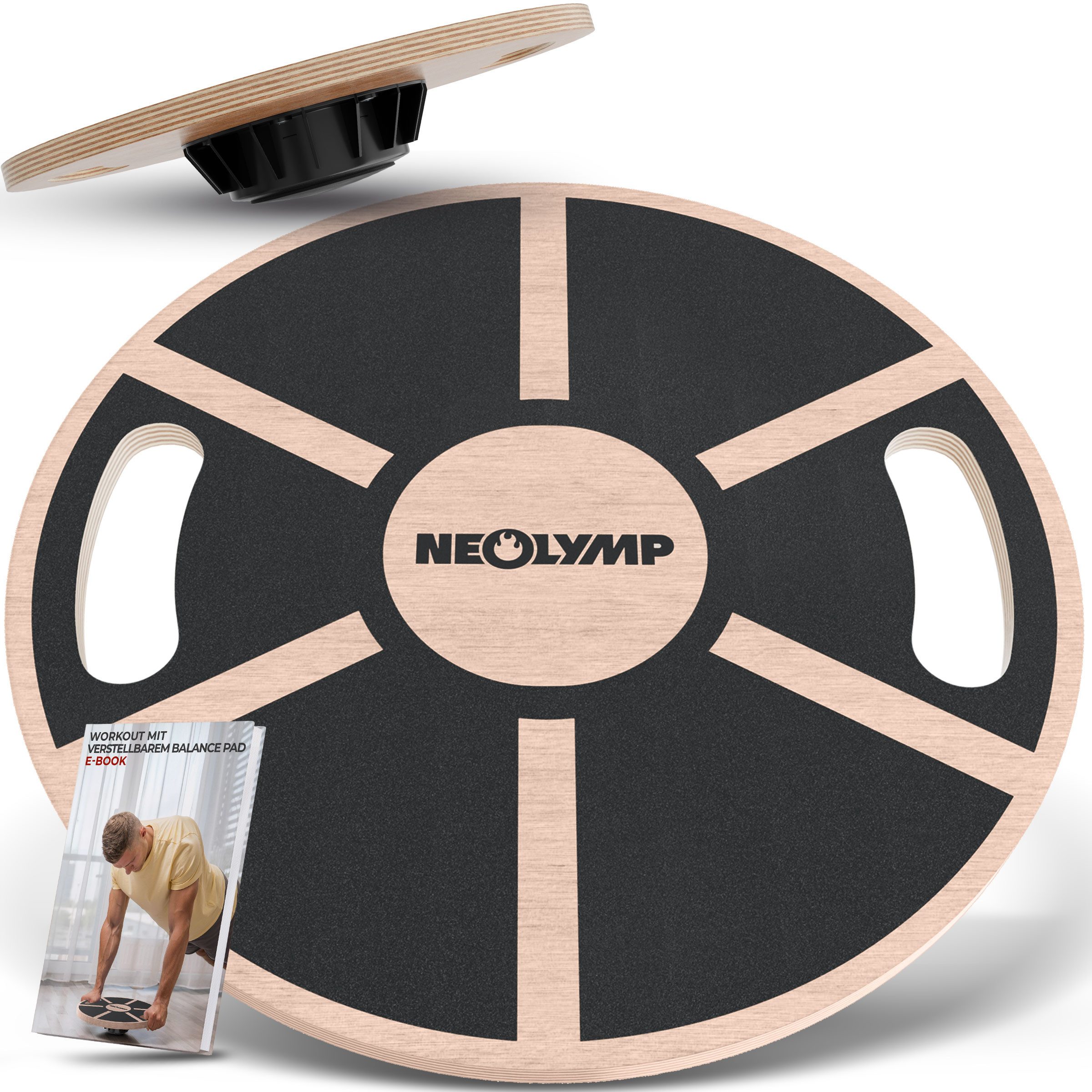 NEOLYMP Balanceboard Balance Board Holz mit Griffen - Rutschfestes Gleichgewichtsboard, 360° Rutschfestes Balance Board aus Echtholz mit Integrierten Griffen