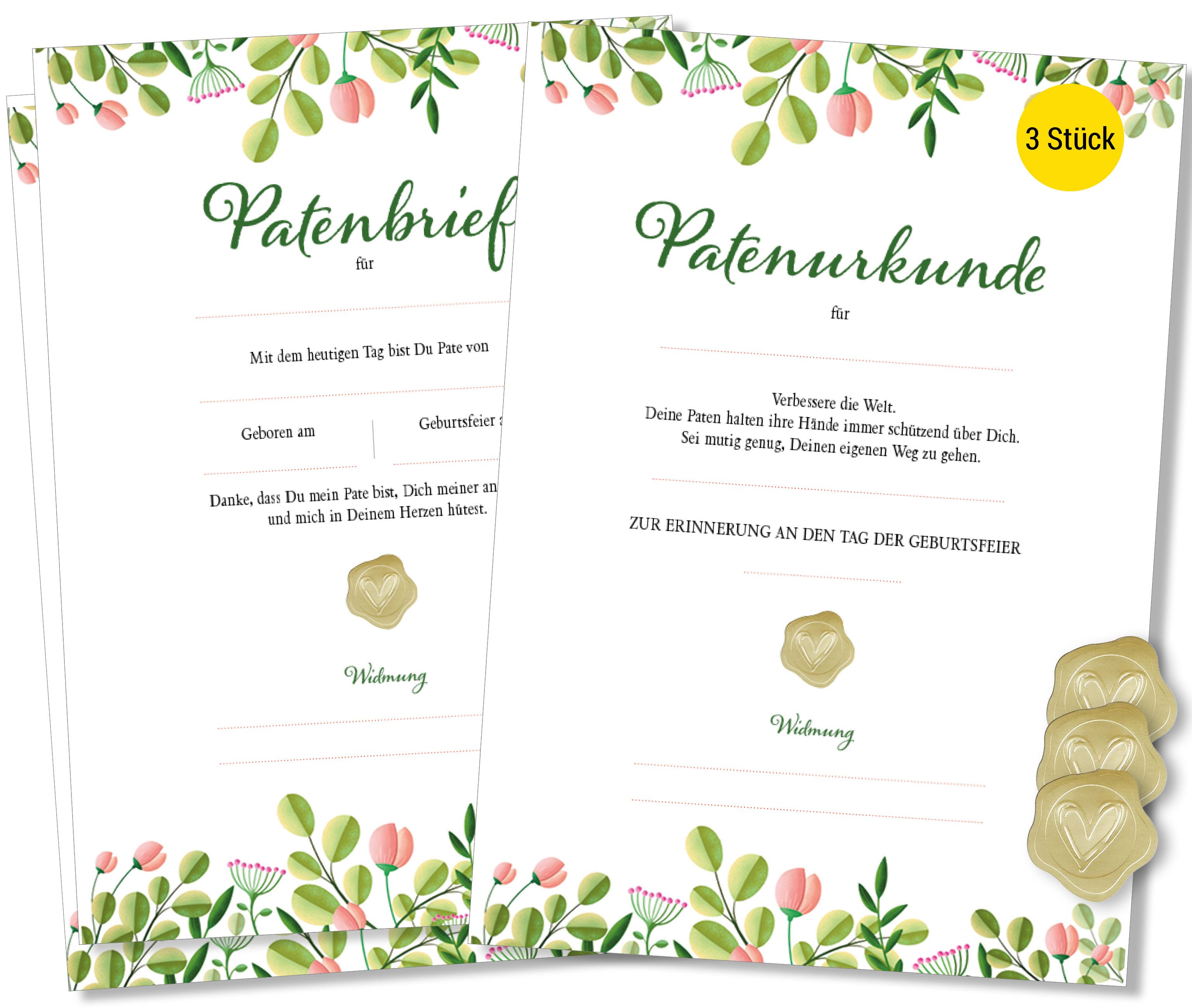 Frank Paperman Taufkarte Patenbrief Taufpaten, Urkunden Set, Goldsiegel, Paten Patenkind, Taufe, Modern Floral, 100 % Recyclingpapier, Geschenk Geburt Erinnerung