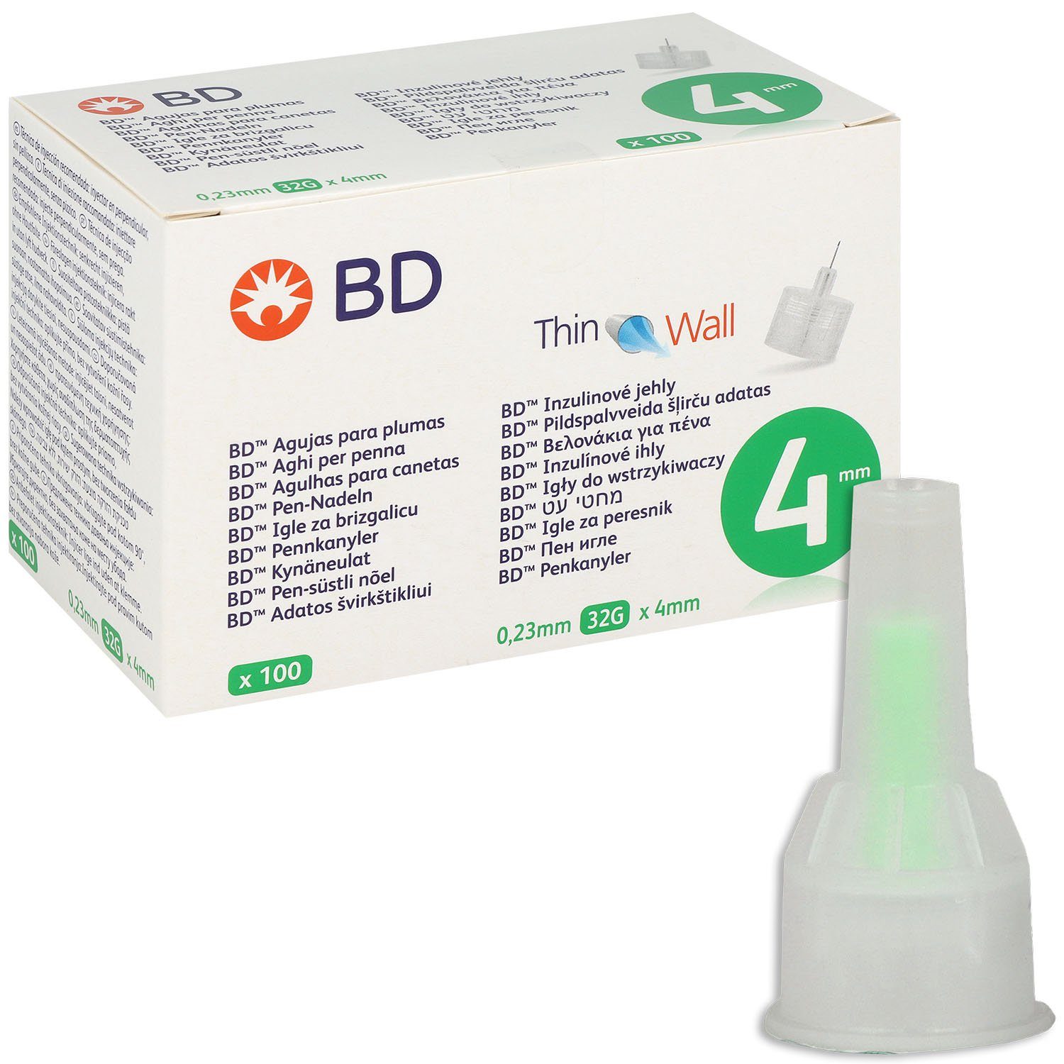 Becton Dickinson Ланцети BD Pen-Nadeln Thin Wall 4x0,23mm, 32,00G, 100 St., Spar-Set, Thin Wall Technologie, Blutzucker, Vielseitige Anwendung für gängige Insulin-Pens, 100 tlg., Diabeteskontrolle, Silikonbeschichtete und elektropilierte Oberfläche