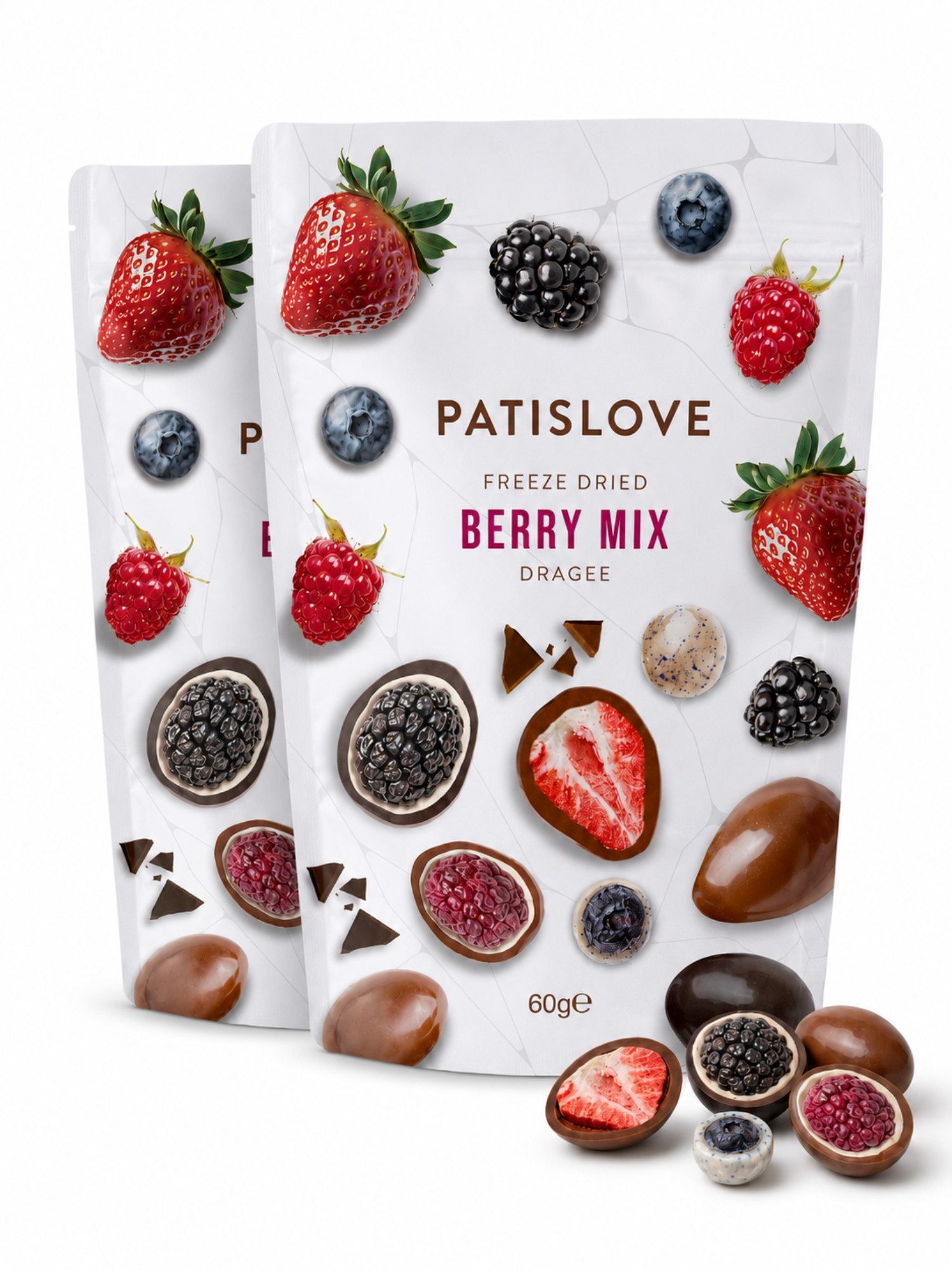 PATISLOVE Schokolade Patislove Berry Mix Dragees, Beeren-Mix in 3 Schokoladensorten, 60g, Gefriergetrocknete Beerenmischung, Überzug aus 3 Schokoladensorten