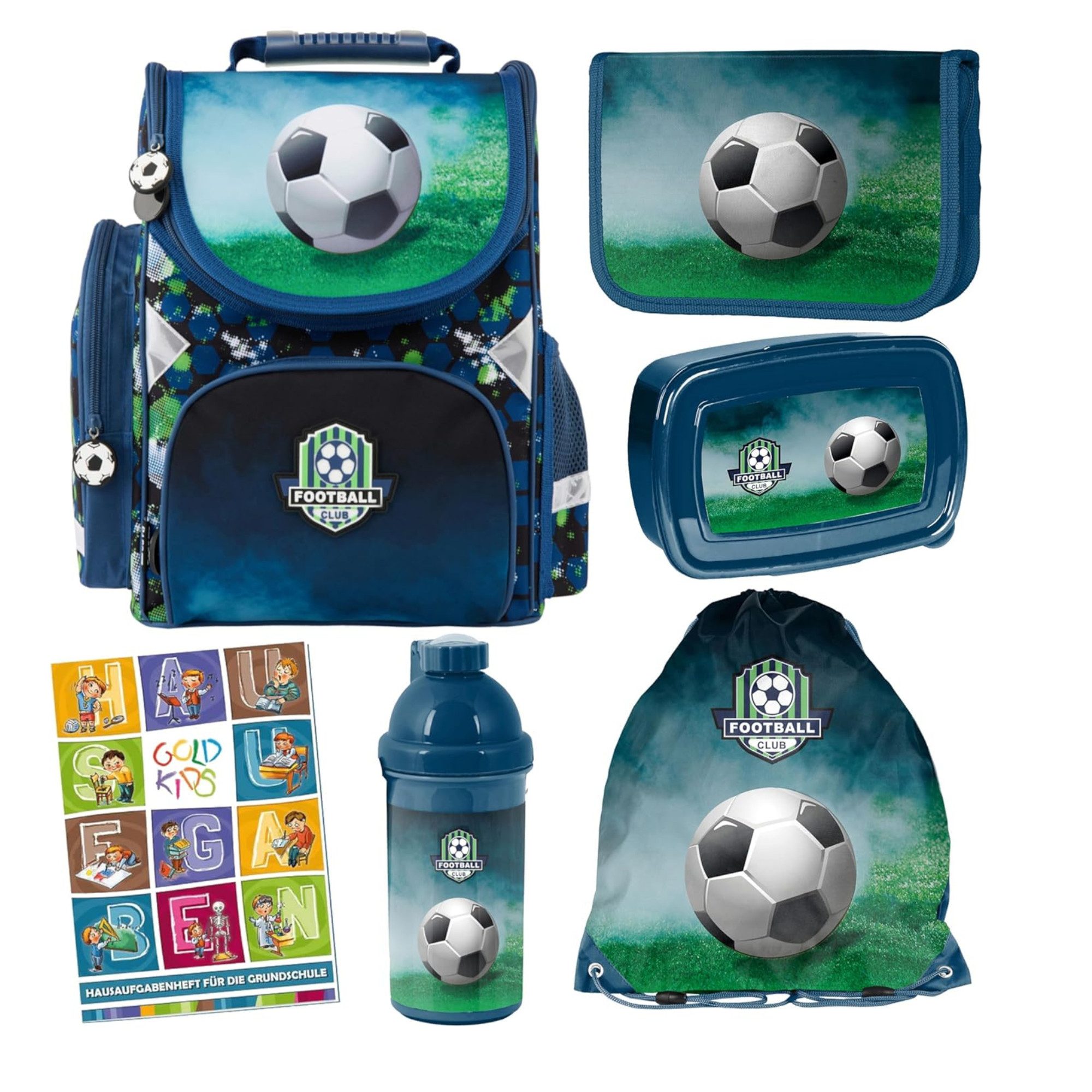 GOLDKIDS Ранцы für Jungen, 6er-Set - (Schul-Rucksack für Kinder mit Federmäppchen, 1-tlg., - Schuhbeutel und Hausaufgabenheft), - Fußball Motiv - 1-3 Klasse