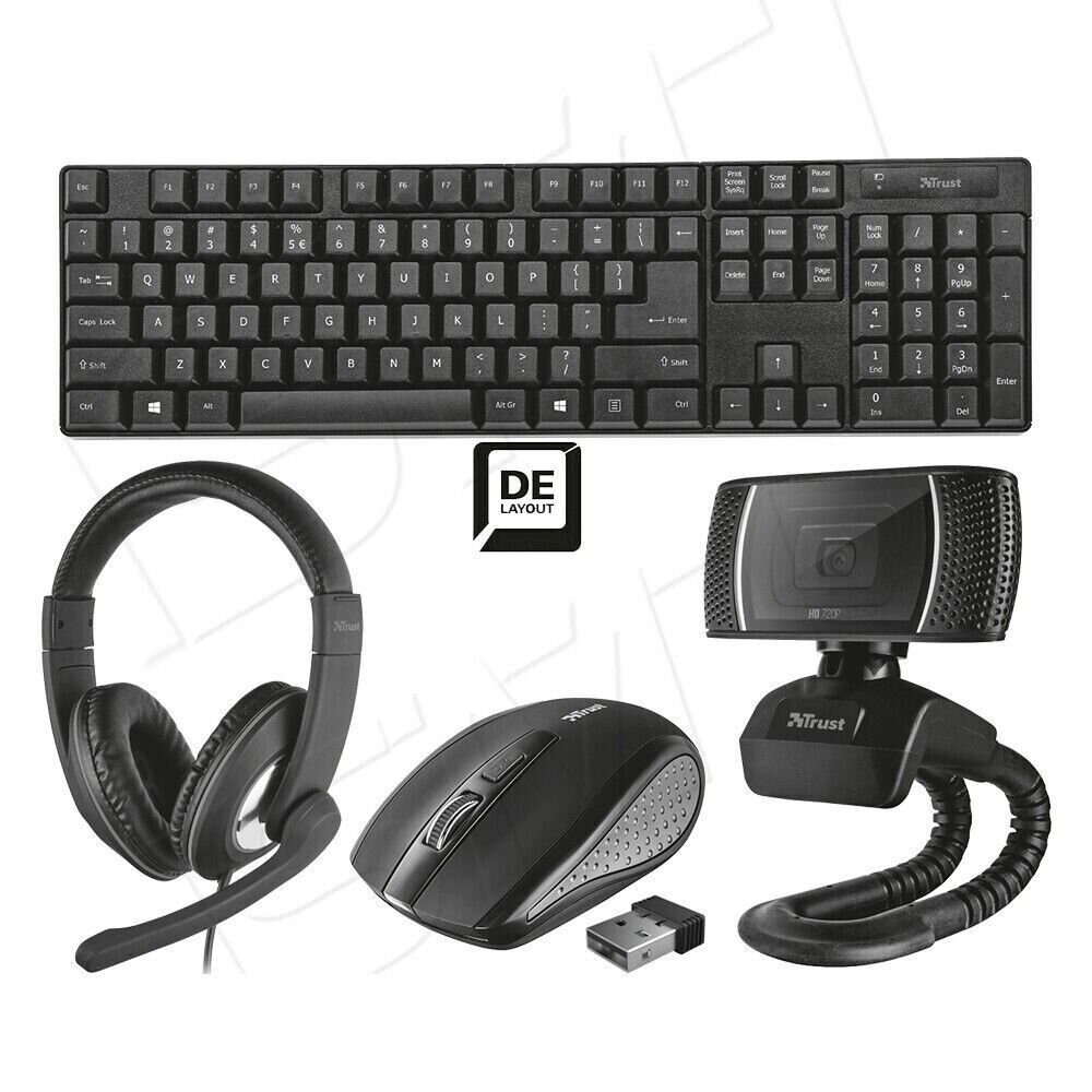 Trust Qoby 4in1 PC und Kabellose Webcam (Set, Maus-Set, St., Headset Tastatur- Webcam 4 Headset Set), HD Maus Home Tastatur QWERTZ und aus Office bestehend Maus, mit Tastatur, & Office-Set