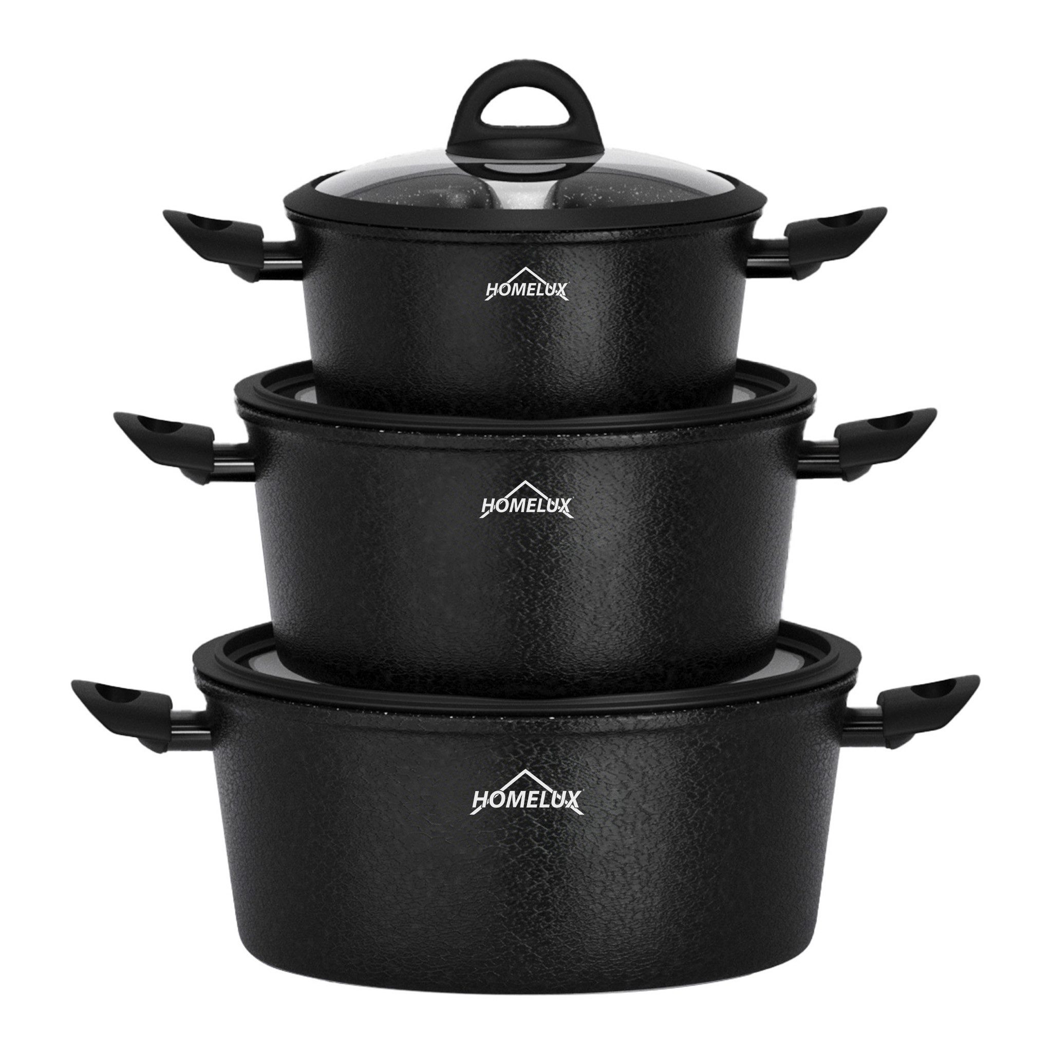 Scheffler Topf-Set Induktions Töpfe Set Schwarze Antihaftbeschichtung mit Glasdeckel, Aluminium (Set, 6-tlg., Ø20 2,4L/Ø24 4,4L/Ø28 6,5L Töpfe Set mit Glasdeckel), Induktionsgeeignet