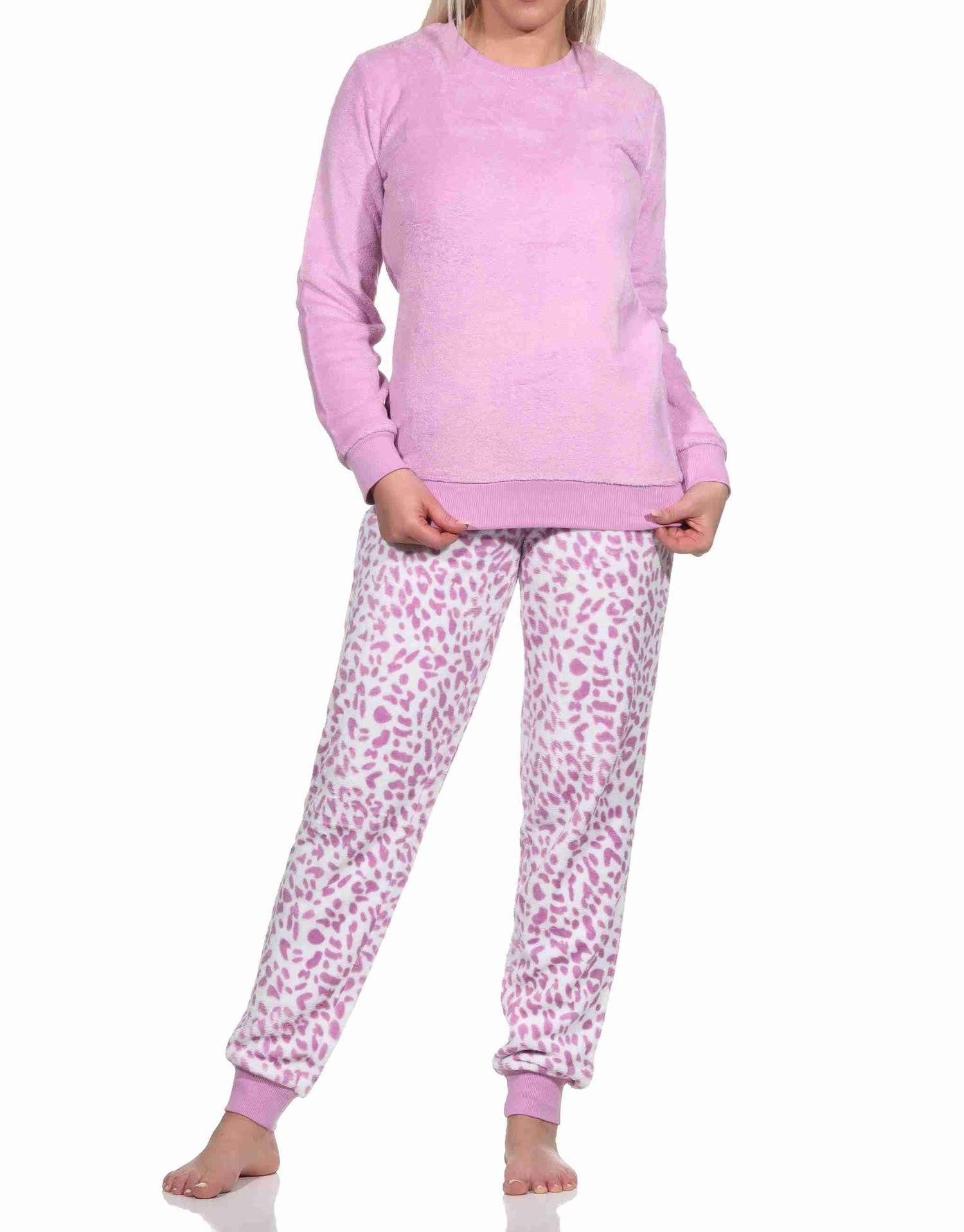 Normann Pyjama Damen langarm Schlafanzug mit Bündchen aus Coralfleece im Animal Look