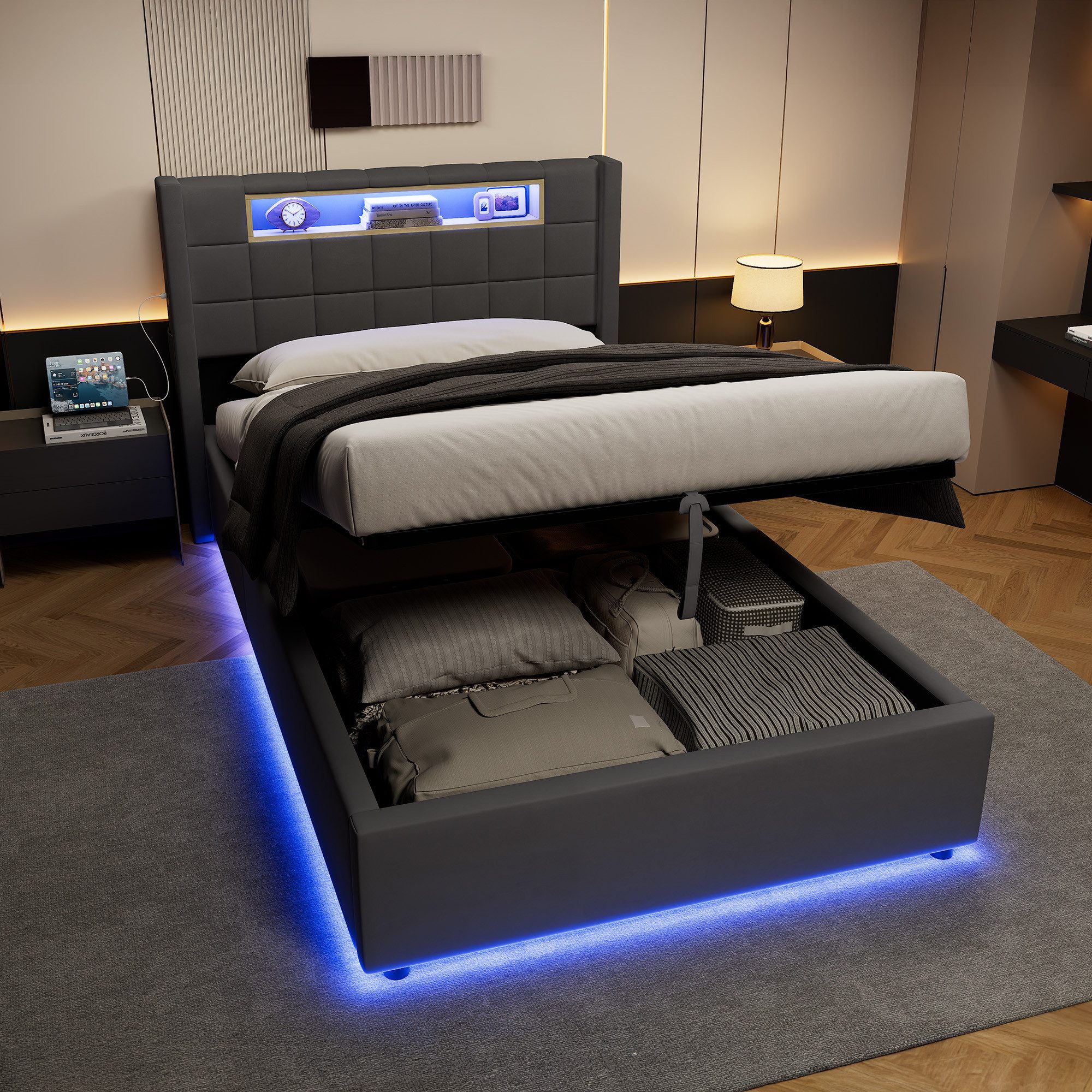 MODFU Polsterbett Schlafbett mit Hydraulik Stauraum und USB C Anschluss Funktion (Packung, 1-tlg., Stoff Bettgestell ohne Matratze für Schlafzimmer und Zuhause), Doppelbett Dunkelgrau 90x200 cm mit Samtoptik und Bettkasten